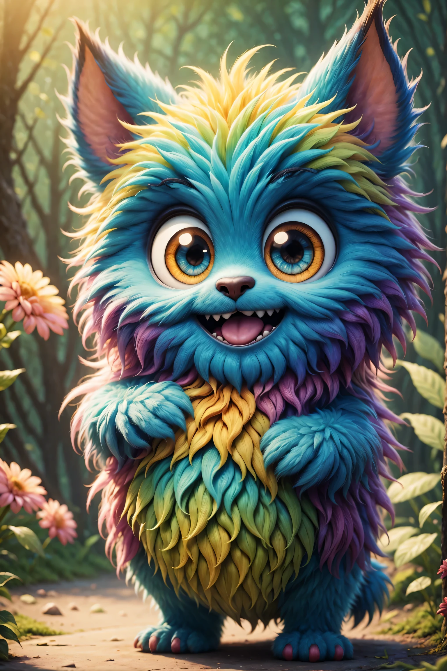 （best quality），Super fine，lifelike，3d rendering，Cute furry monster，cute eyes，cartoonish style，colorful fur，mischievous expression，Soft texture，Fantasy creatures，Bright and vibrant colors，warm light，