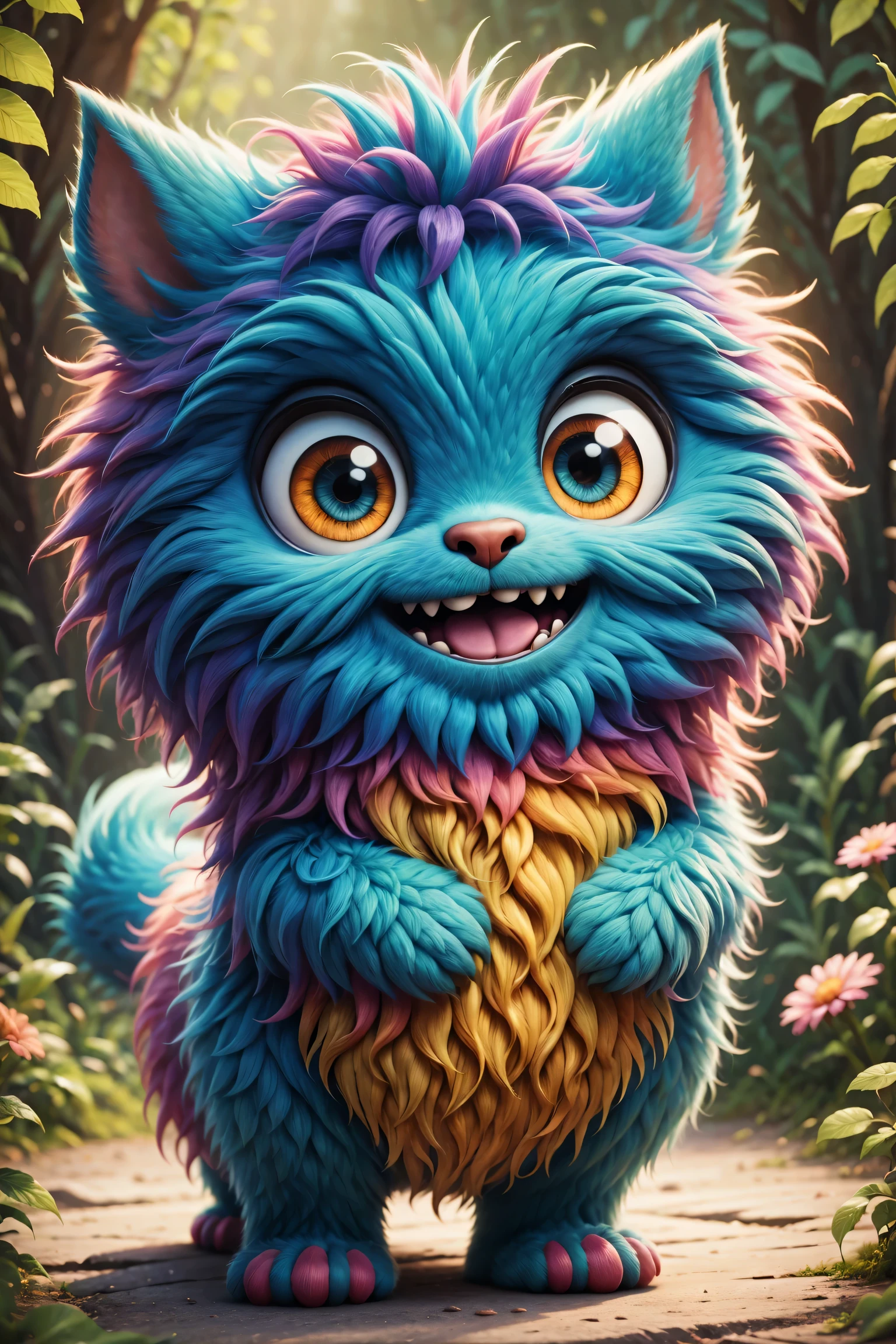 （best quality），Super fine，lifelike，3d rendering，Cute furry monster，cute eyes，cartoonish style，colorful fur，mischievous expression，Soft texture，Fantasy creatures，Bright and vibrant colors，warm light，