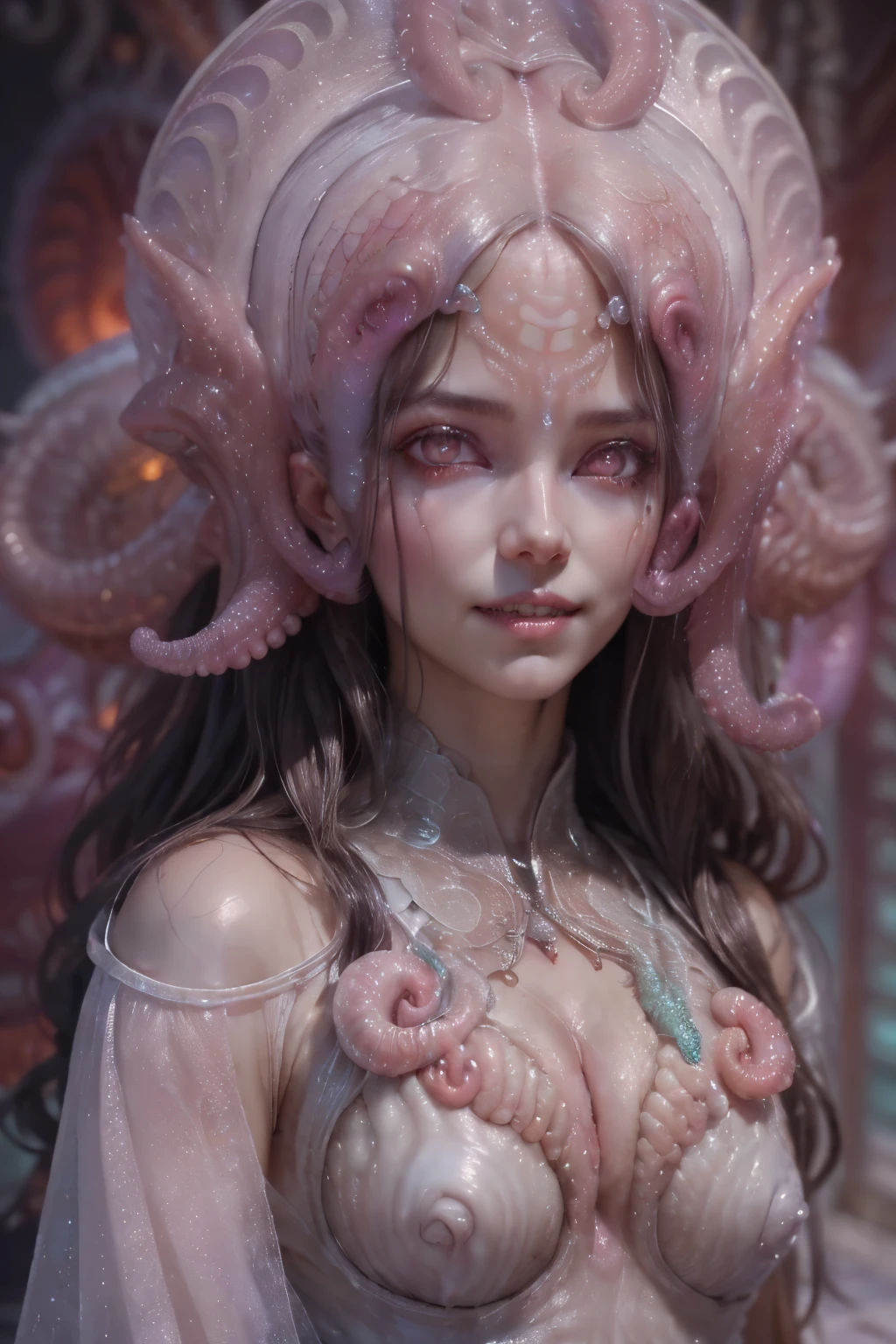 (A portrait of one beautiful and obscene female alien who is a young ager:1.4), ((There is a female genital-like organ in the middle of her forehead:1.8)), (realistic face:1.2), (Numerous award-winning masterpieces, with incredible detail, textures and maximum detail), artistic photography, midnight aura, unreal engine 5, Ultra Sharp Focus, art by Amano Yoshitaka, ArtGerm, Roisch, intricate artwork, ultra realistic realism, high resolution, High freshness, drawing faithfully, official art, Unity 8K Wall paper, ultra detailed artistic photography, dream-like, Creation of fantasy, dream Snail, (biopunk nautilus:1.3),Thrilling color schemes, seductively smiling, Amazing mutation, well-proportioned body, goddess of the deep sea, fractal, Geometric pattern, impossible figures, (translucent white tentacles with luminescent organs:1.4), subtle emerald green accents, (smiling seductively:1.3),(She has the most beautiful face in the history of the universe:1.5), Penelope Cruz, (she is looking down at viewers with glowing red eyes with no pupils:1.3), an evil gaze that seduces, cinematic lighting, (Vampire-like long canine teeth can be glimpsed through the gap between the lips:1.3), in the hall of the palace, (sexy and sensual model posing:1.5)