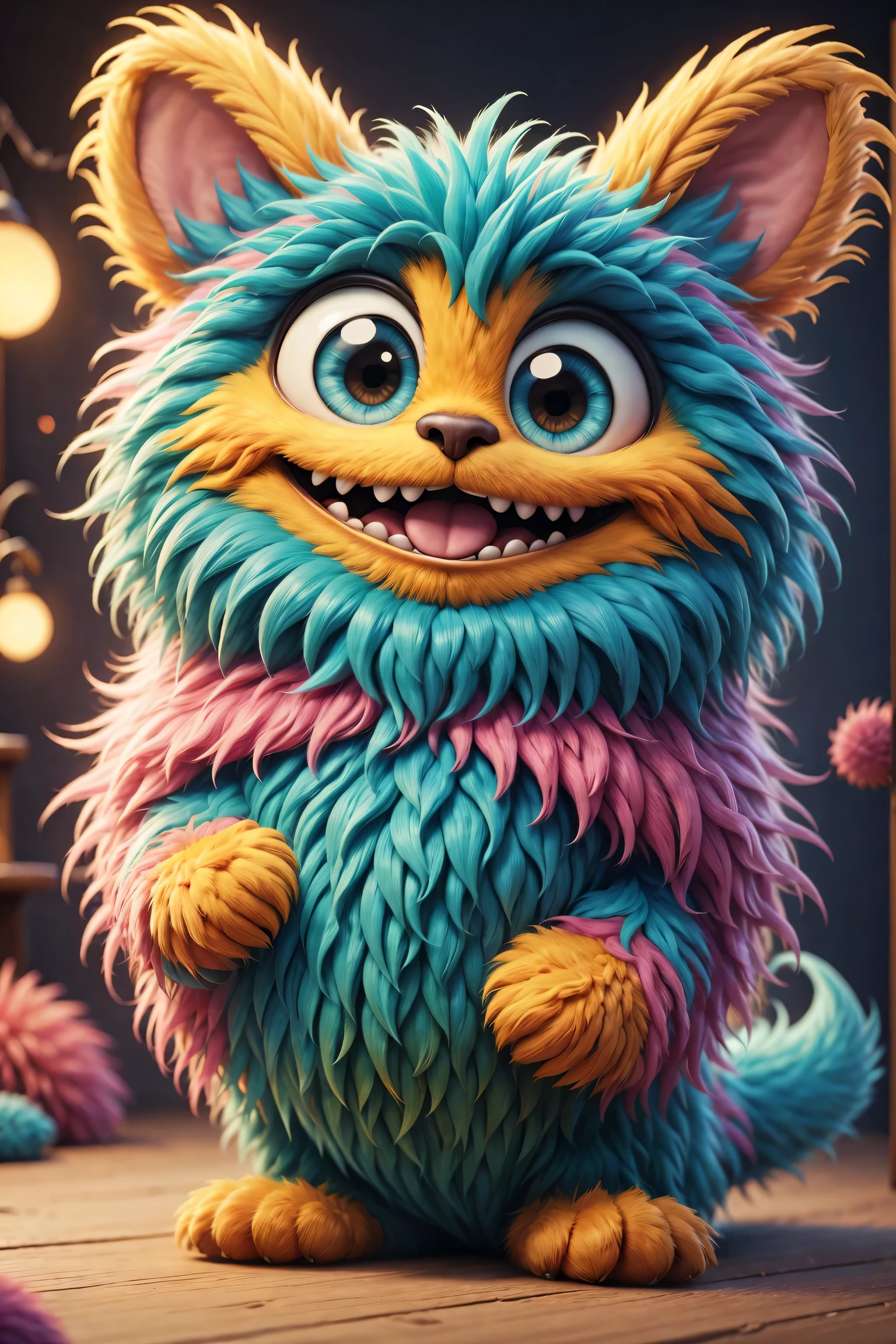 （best quality），Super fine，lifelike，3d rendering，Cute furry monster，cute eyes，cartoonish style，colorful fur，mischievous expression，Soft texture，Fantasy creatures，Bright and vibrant colors，warm light，