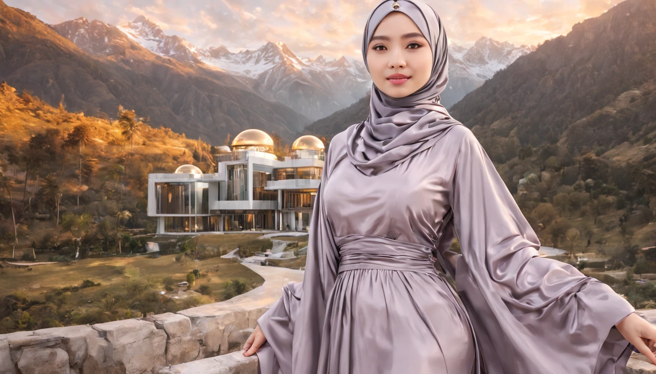 a woman, Asian girl, wear hijab and long dress, sunset color palette, hijabdress, standing in front modern sci-fi house build from gold and silver, fairy waterfall and mountain scene, masterpiece, realistic