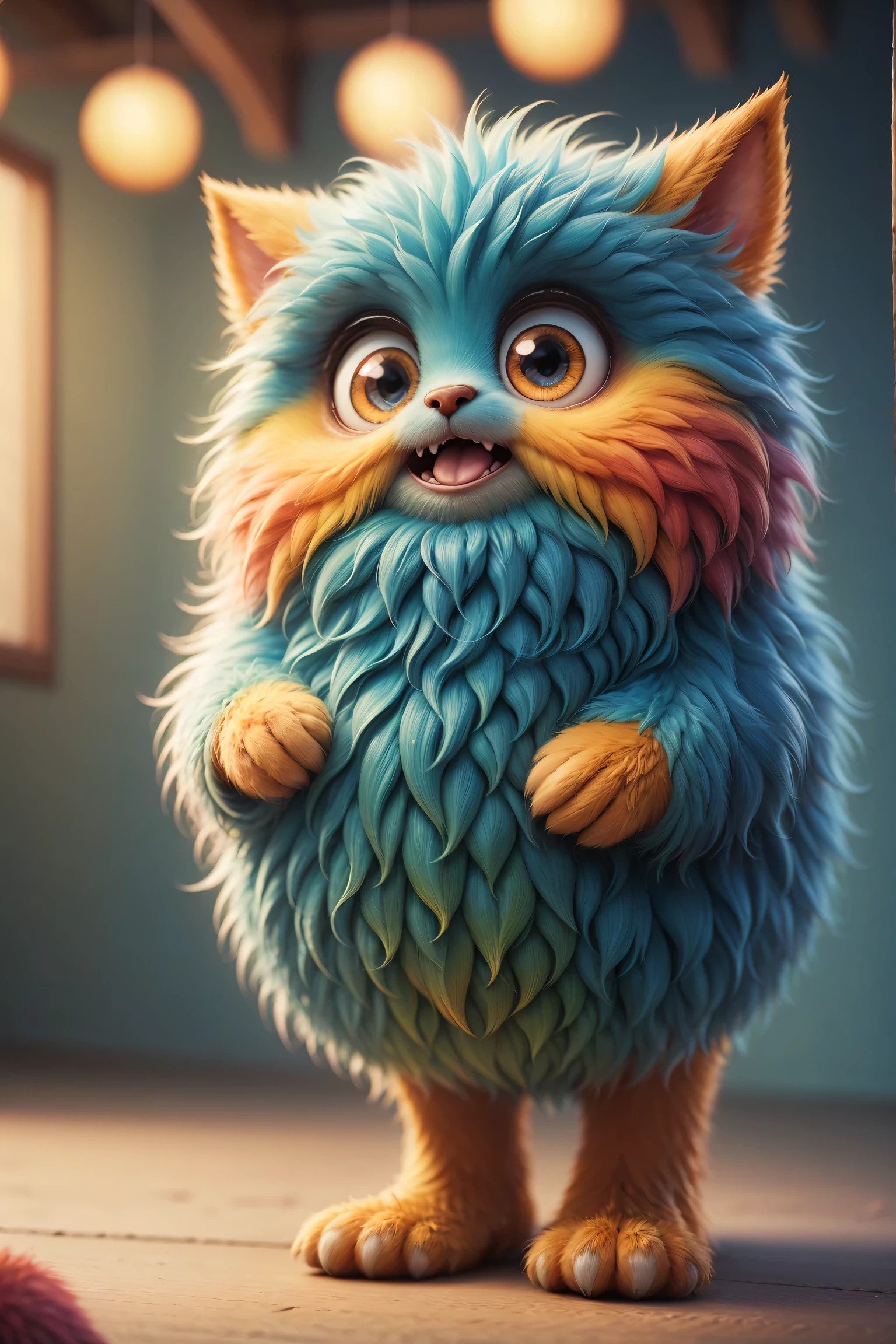 （best quality），Super fine，lifelike，3d rendering，Cute furry monster，cute eyes，cartoonish style，colorful fur，mischievous expression，Soft texture，Fantasy creatures，Bright and vibrant colors，warm light，