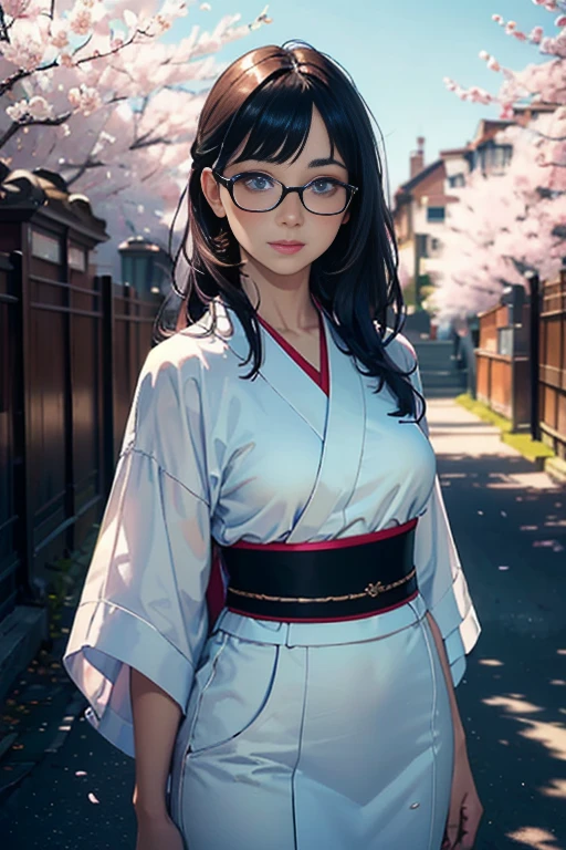 (masterpiece, best quality:1.4), (standing:1.5) (dynamic pose:1), 1girl, solo, (european youth:1), arale, glasses, blue eyes, long straight hair, purple hair, a strand of grey hair, dark blue kimono, looking at the sky, beautiful smile, beautiful face, smiley eyes, highly detailed face, highly detailed eyes, white teeth, mature looking, highly detailed skin, skin pores, subsurface scattering, realistic pupils, full face blush, full lips, detailed background, depth of field, volumetric lighting, sharp focus, absurdres, realistic proportions, good anatomy, (realistic, hyperrealistic:1.4), 16k hdr, cherry blossom trees blooming at background, (enjoying the season), at night, fireworks in the sky