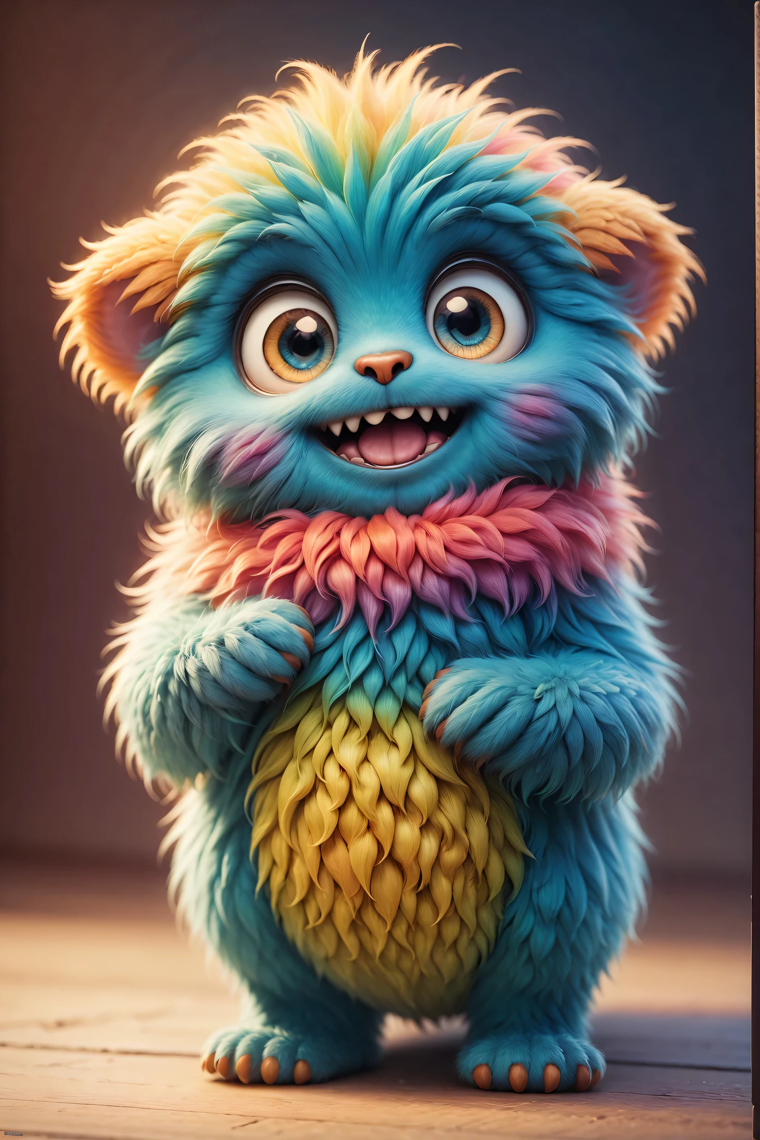 （best quality），Super fine，lifelike，3d rendering，Cute furry monster，cute eyes，cartoonish style，colorful fur，mischievous expression，Soft texture，Fantasy creatures，Bright and vibrant colors，warm light，