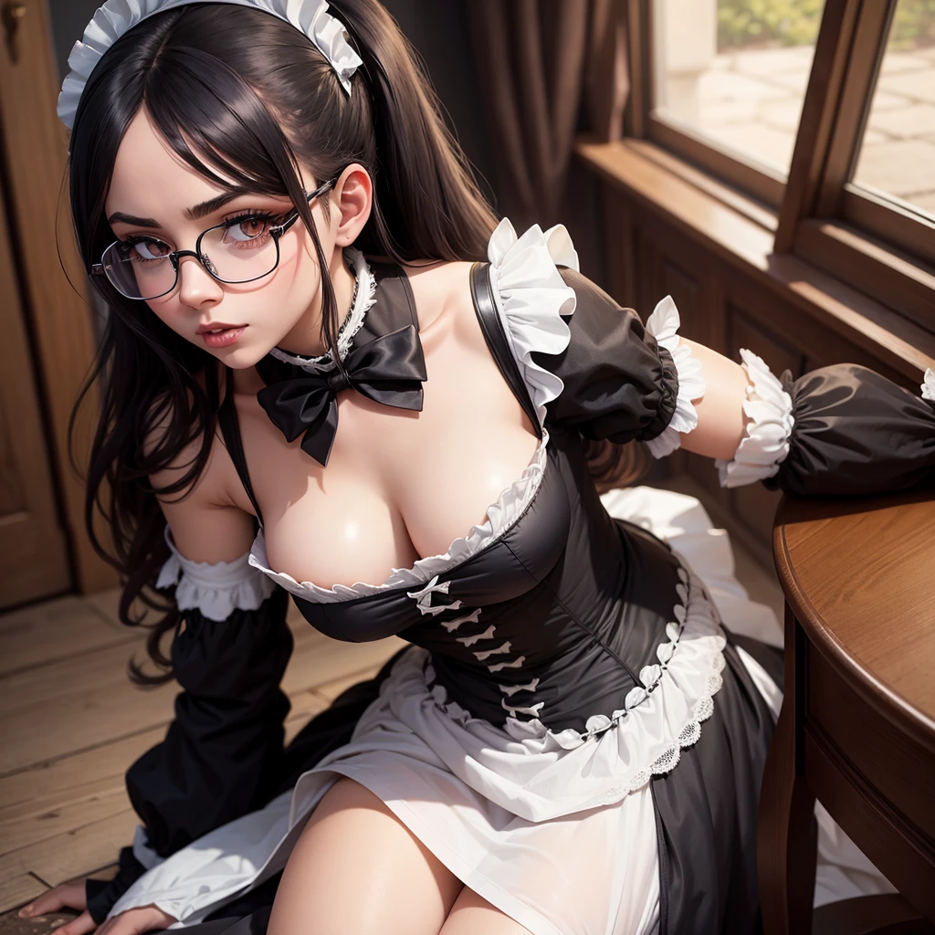 Victorian maid, (nsfw), glasses, stocking, masterpiece, backgroud:black