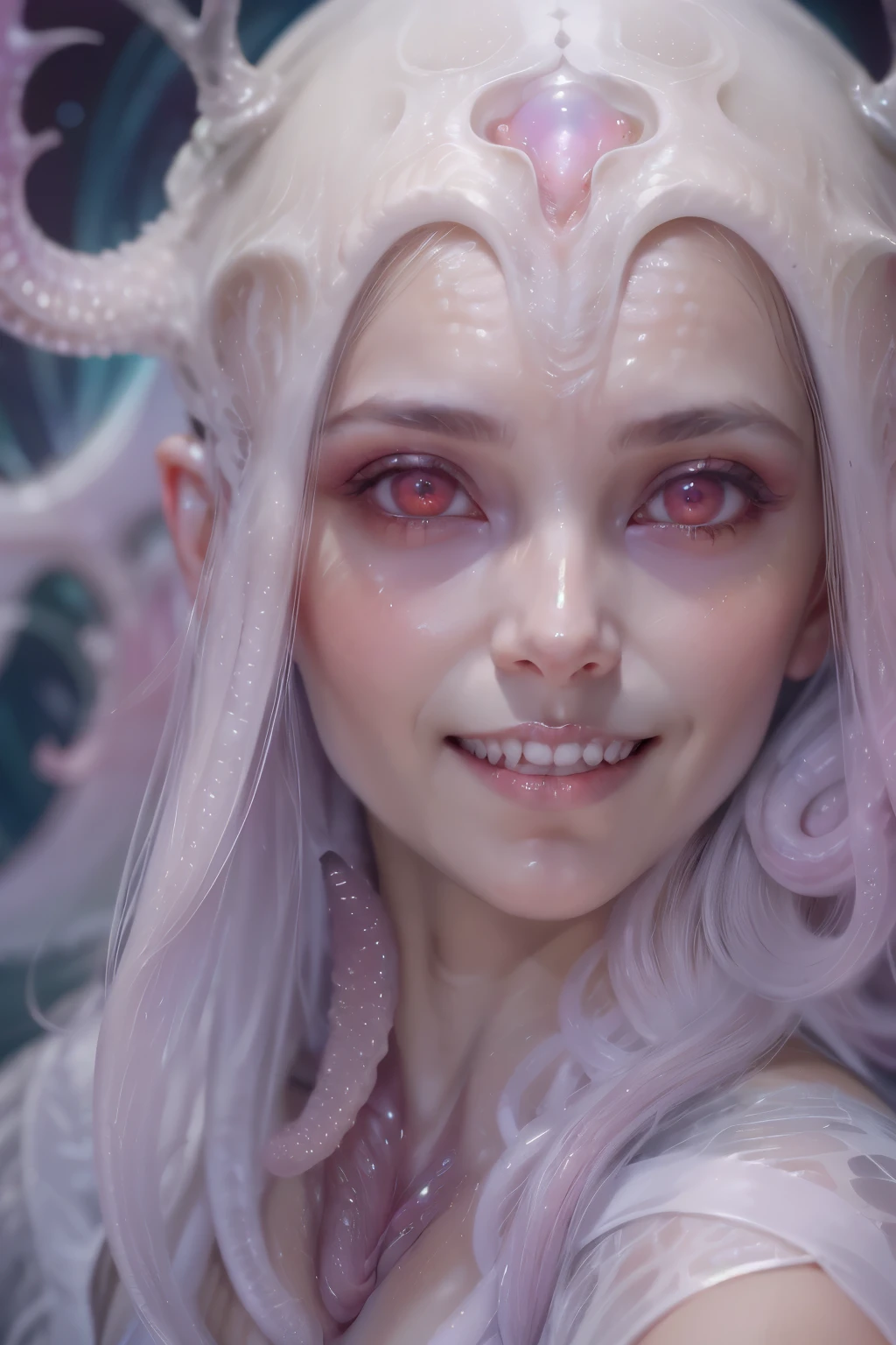 (A portrait of one beautiful and obscene female alien who is a young teenager:1.4), ((There is a female genital-like organ in the middle of her forehead:1.8)), (realistic face:1.2), (Numerous award-winning masterpieces, with incredible detail, textures and maximum detail), artistic photography, midnight aura, unreal engine 5, Ultra Sharp Focus, art by Amano Yoshitaka, ArtGerm, Roisch, intricate artwork, ultra realistic realism, high resolution, High freshness, drawing faithfully, official art, Unity 8K Wall paper, ultra detailed artistic photography, dream-like, Creation of fantasy, dream Snail, (biopunk nautilus:1.3),Thrilling color schemes, seductively smiling, Amazing mutation, well-proportioned body, goddess of the deep sea, fractal, Geometric pattern, impossible figures, (translucent white tentacles with luminescent organs:1.4), subtle emerald green accents, (smiling seductively:1.3),(She has the most beautiful face in the history of the universe:1.5), Penelope Cruz, (she is looking down at viewers with glowing red eyes with no pupils:1.3), an evil gaze that seduces, cinematic lighting, (Vampire-like long canine teeth can be glimpsed through the gap between the lips:1.3), in the hall of the palace, (sexy and sensual model posing:1.5)