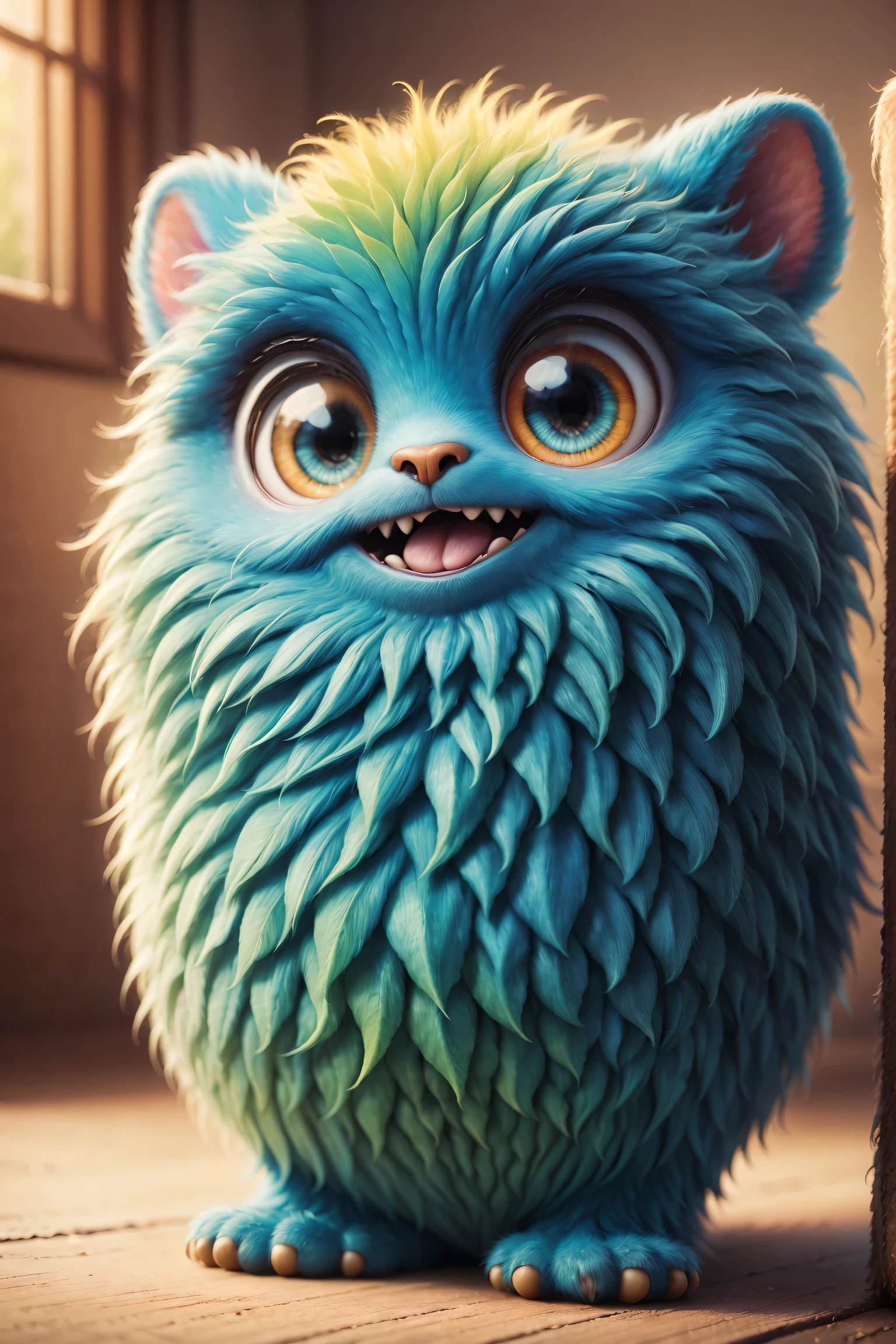 （best quality），Super fine，lifelike，3d rendering，Cute furry monster，cute eyes，cartoonish style，colorful fur，mischievous expression，Soft texture，Fantasy creatures，Bright and vibrant colors，warm light，