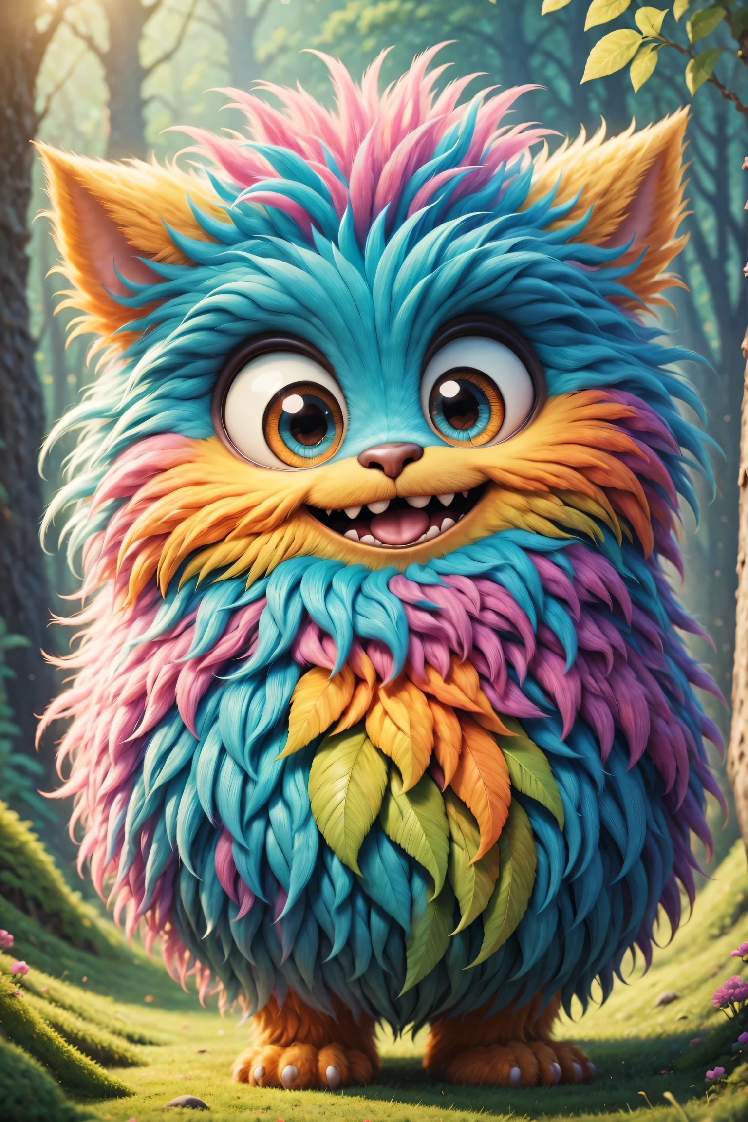 (best quality,high resolution:1.2),Super detailed,actual,3d rendering,Cute furry monster,cute eyes,cartoonish style,colorful fur,playful expression,Soft texture,Fantasy creatures,Bright and vibrant colors,warm light,being delighted and cheerful,Fun and whimsical,artistic masterpiece,eye-catching composition,highly detailed features,Cute and huggable,Unique character design,Professional illustration,Attention to detail,expressive facial features,fascinating,childhood imagination,Imaginative and creative,Friendly and approachable,Magical and fascinating,Joyful and lively,Elaborately crafted,Cute and charming,emotionally engaging.