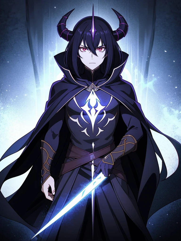 Malachor Shadowbane is a formidable figure draped in a cloak of swirling shadows. His piercing crimson eyes glow with malevolence, contrasting sharply with his pale, almost ghostly complexion. A sinister air surrounds him as dark energy emanates from the ornate, obsidian staff he wields.