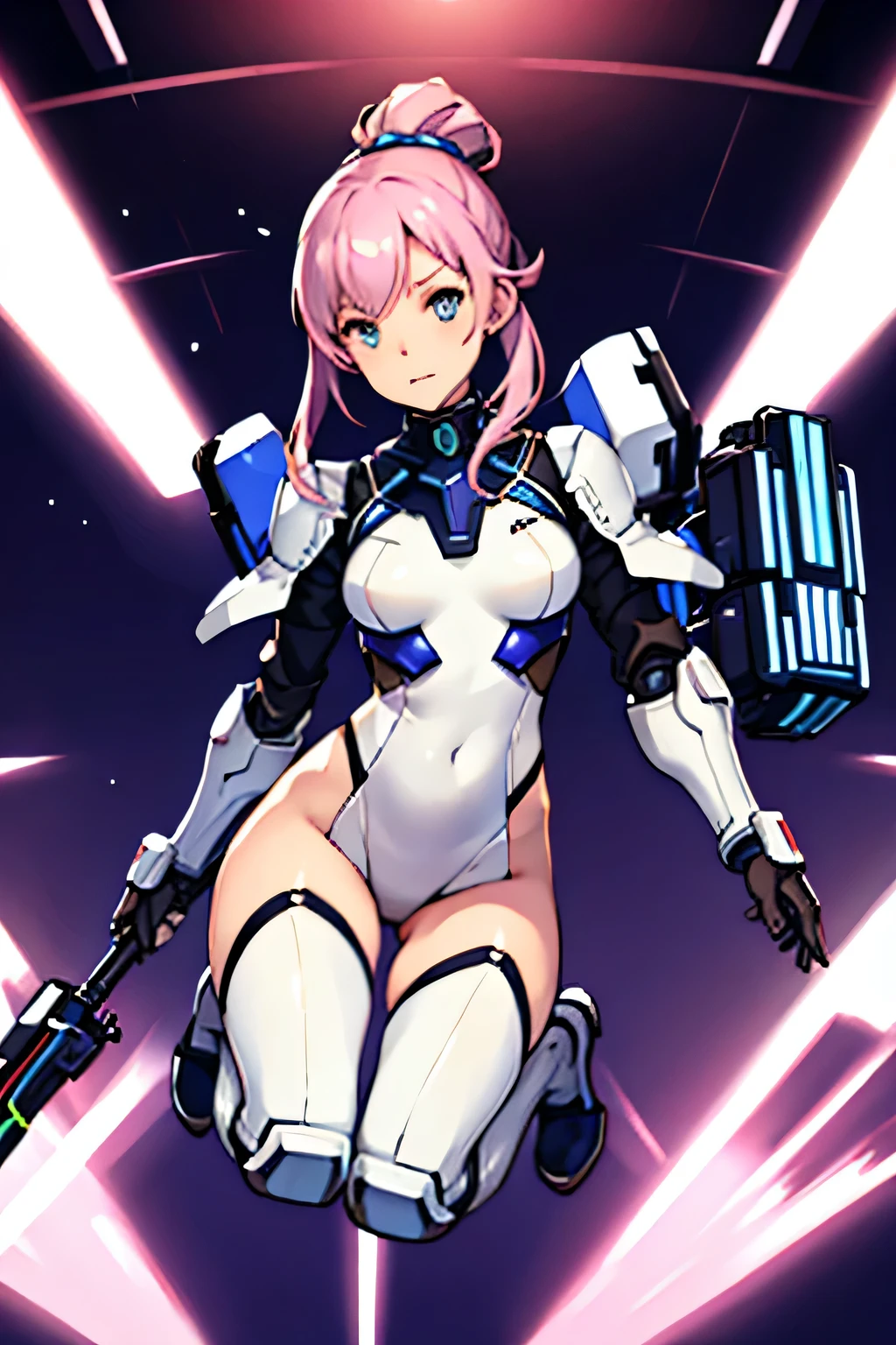 best quality, expressive eyes, perfect face A female space warrior wearing cyber armor. Jumping in the air. Fighting. White background. Whole concept art, whole body, poster, character design