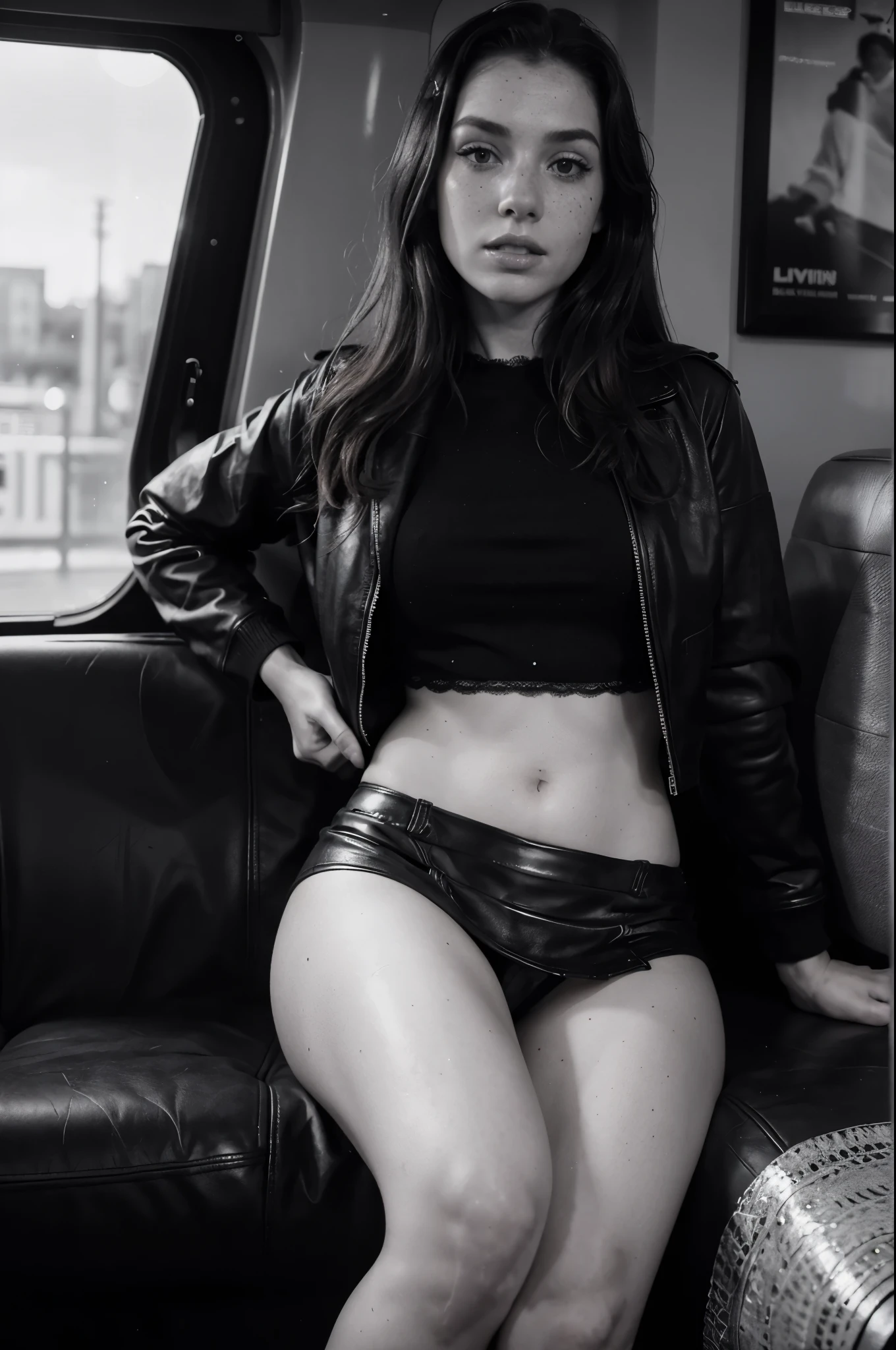 1girl, Beautiful, Amazing face and eyes, makeup, red gloss lips, (extremely detailed beautiful face), (sexiest look), (leather jacket, Tight Skirt, knee high:1.2), (Best Quality:1.4), (Ultra-detailed), (extremely detailed CG unified 8k wallpaper), Highly detailed, RAW Photos, Professional Photography, crowded train, Sitting, (Spread your legs), (sheer lace panties), Scenery like a scene from a movie, (black and white photography:1.5) a woman with freckles on her face, freckled pale skin, ginger hair with freckles, light freckles, freckled, freckled face, very light freckles, woman with freckles, red hair and freckles, with freckles, soft freckles, freckles, hint of freckles, freckle, sparse freckles, small freckles, redhead woman, light cute freckles