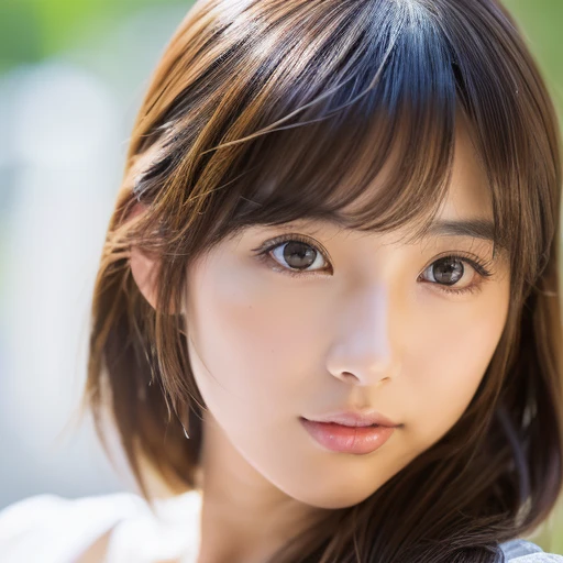 ((cute little日本の女の子、Beautiful japanese girl、1 girl in、age19、Highly detailed facial and skin texture、hyperdetailed face、ultradetailed eyes、teak、teakを塗ったピンクの頬、close-up of woman、bustup、frontage、cute little、smooth white skin、Transparent skin texture、))、(dark brown  hair、bangss)、Looking at the camera、Beautiful Women in Perfect Style：1.4、Japan models、Young gravure idols、若いcute littleグラビアアイドル、Realistic Young Gravure Idol、sophisticated gravure idol、((top-quality、in 8K、​masterpiece:1.3))、(4K、RAW Photography、top-quality)、(reallistic、フォトreallistic:1.37)、Place a person across the screen、natural soft light、poneyTail、upper body and head、refinement
