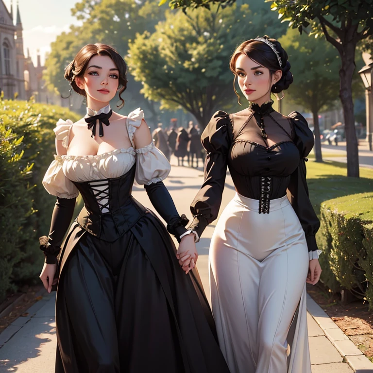 Hyper-realistic, masterpiece, screen shot, best quality, beautiful portrait, long shot portrait, high resolution, 8k, 1girl, smiley cocky smirk, a woman in a green bustier dress, plus size model, plump, standing near tree, walking in evening, Victorian lady, a beautiful Victorian woman, Victorian fantasy art, Herbert James Draper, dressed in Victorian bustiers, Vittorio Matteo Corcos, beautiful character.
