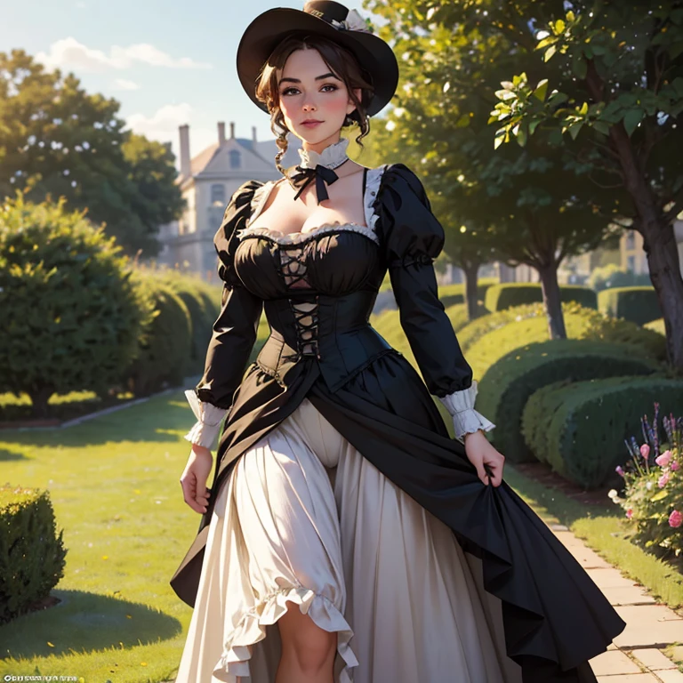 Hyper-realistic, masterpiece, screen shot, best quality, beautiful portrait, long shot portrait, high resolution, 8k, 1girl, smiley cocky smirk, a woman in a green bustier dress, plus size model, plump, standing near tree, walking in evening, Victorian lady, a beautiful Victorian woman, Victorian fantasy art, Herbert James Draper, dressed in Victorian bustiers, Vittorio Matteo Corcos, beautiful character.