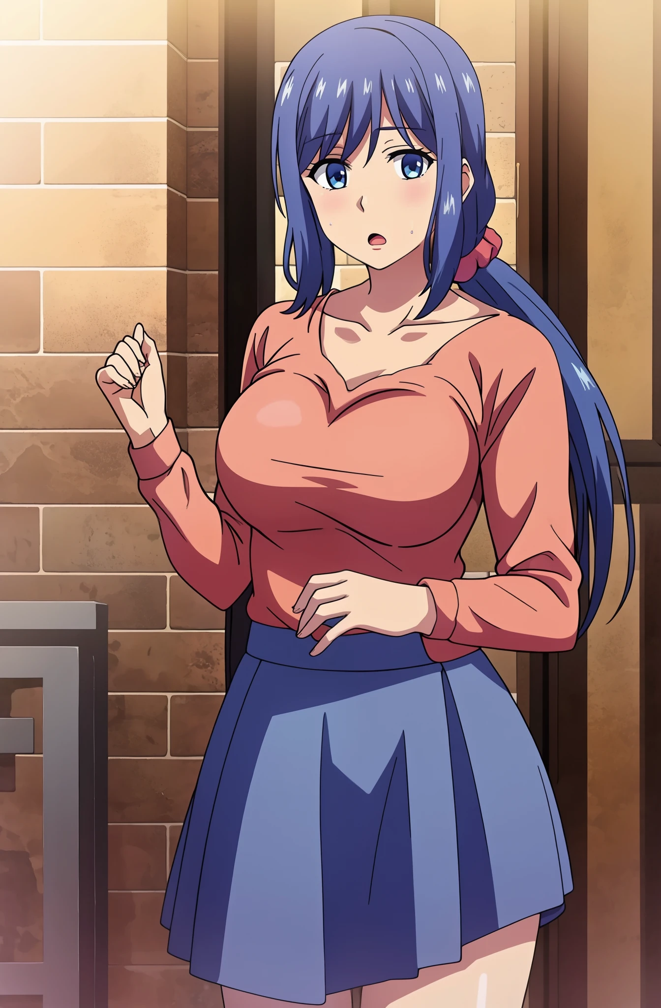 master piece, COWBOY SHOT, 1girl, solo, long hair, looking at viewer, :O, SURPRISED, ((HAND OVER MOUTH)), open mouth, large breasts, melon hair, shirt, long sleeve, loose shirt, , detailed blue eyes, collarbone, low ponytail, close up, , scrunchie, scrunchie, mature female, wide hips, black skirt,
