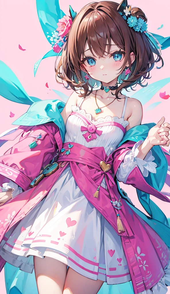Colorful light background,short fluffy brown hair,Has a bright pinkish-purple transparent gum texture,In pink、Wear yours with blue and white,yellow and greens,Cyan matching accessories pendant decoration,This is a very sweet and sweet girl, Valentine theme, blue eyes, soft smile