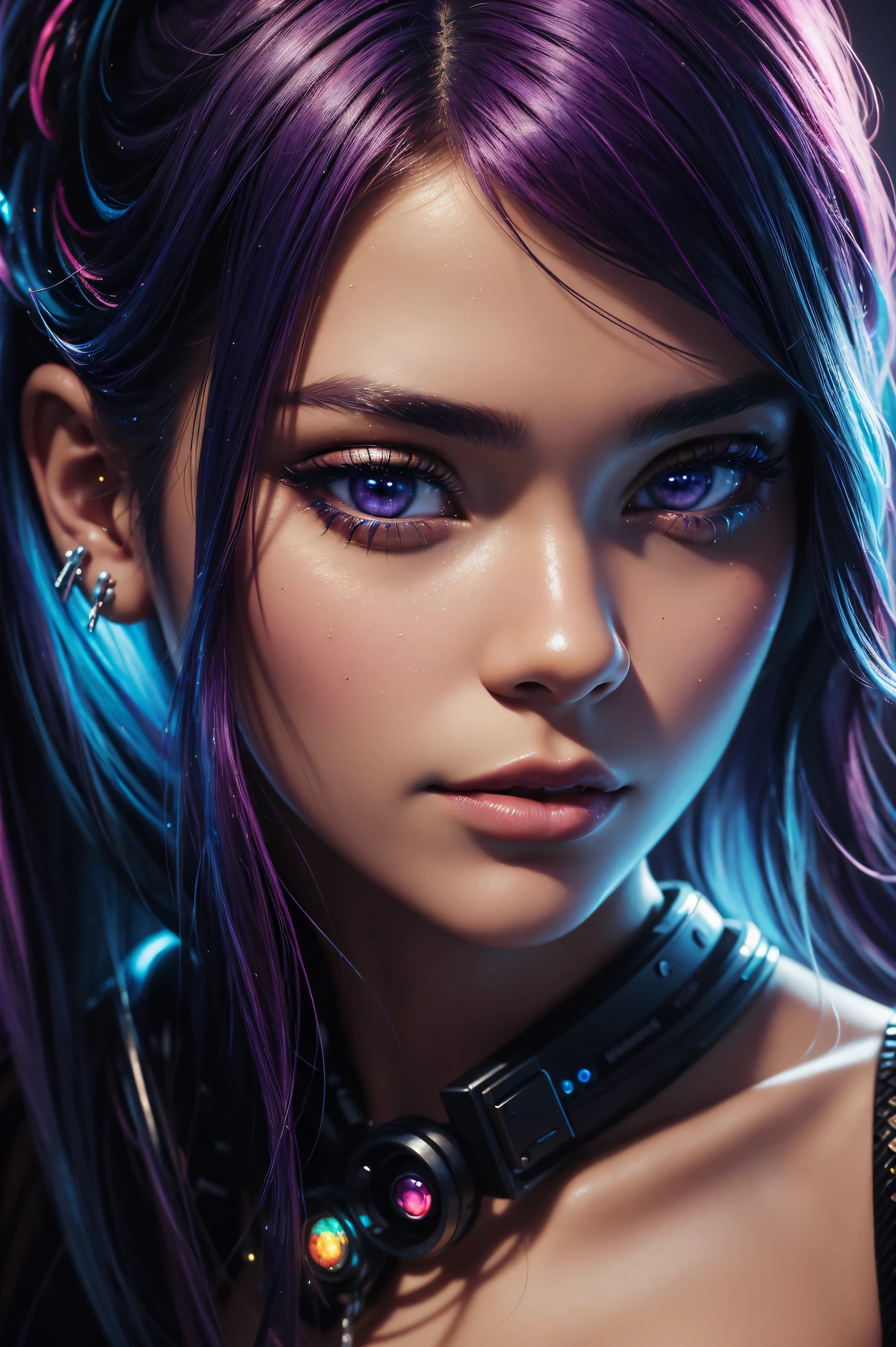 ((best quality)), ((masterpiece)), ((realistic)), (detailed), Close-up of Vanessa Anne Hudgens with colorful hair and piercings, dreamy cyberpunk girl, 4K high-detail digital art, stunning digital illustration, stunning 8K artwork, colorful digital fantasy art, colorful and dark, beautiful digital artwork, colorful digital painting, cyberpunk digital anime art, portrait of a girl with luminous wave, 8K HD digital wallpaper art, gorgeous digital painting