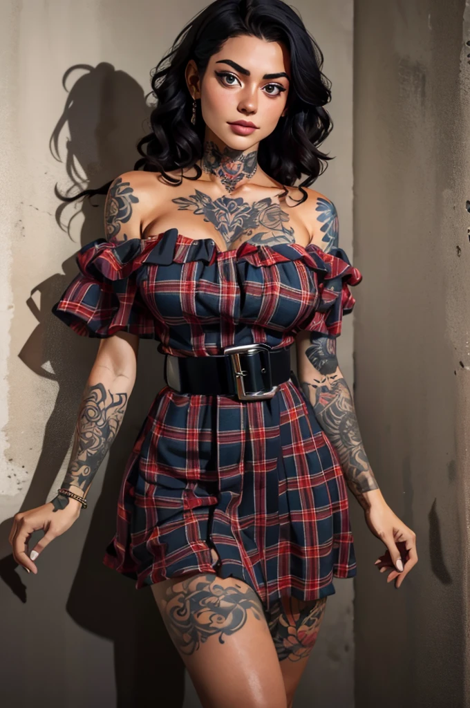 (masterpiece, best quality), 8k, portrait of a 22 yo female, large breasts, short plaid dress, off-shoulder dress, ruffled, waist belt, tattooedgirl