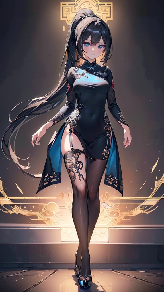 (((((extremely detailed CG unity 8k wallpaper)))), (((ultra-detailed))), (((extremely detailed))), (((best illustration))), best illumination, ((extremely delicate and beautiful)), ((an extremely delicate and beautiful girl)), colourful, modern, (tokyo (city)), ((girl (solo))), ((finely detailed beautiful eyes and detailed face)), (((black hair))), ((really long hair)), (((long ponytail))), (Grown-Out Bangs), (Curtain Bangs), shiny hair, ((blue eyes(glowing))), beautiful detailed eyes, mature female, delinquent girl, slender, medium breast, (((intricate details))), (black and white Cheongsam Dress), tights, bishoujo, smile, smug, cold stare, cool, ((full-body shot))