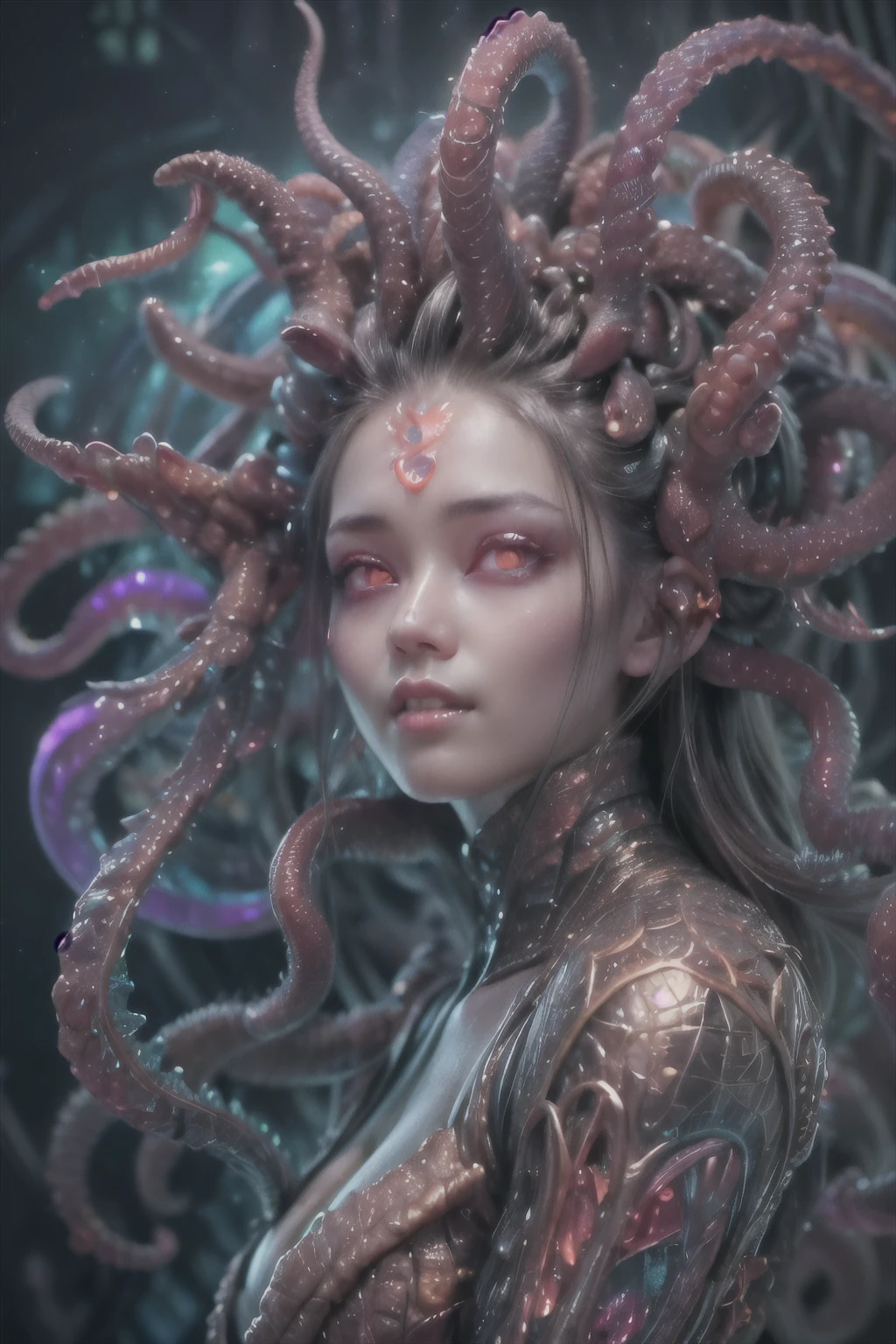 (1 beautiful and obscene female alien:1.4), (There is a female genital-like organ in the middle of her forehead:1.95), She has medusa-like hair, (there are lots of translucent tentacles from her head like her hair:1.5), (vulgarity1.7), (she is looking at viewers with glowing red eyes with no pupils:1.6), (She has translucent pale skin:1.4),(She has the most beautiful face in the history of the universe:1.2), (She has multiple bioluminescent organs on the side of her tentacles:1.4), (Her body is covered with an iridescent exoskeleton:1.4), (She is showing her arm pits:1.6), an evil gaze that seduces, (looking down at viewers:1.4),(Vampire-like long canine teeth can be glimpsed through the gap between the cute lips:1.4) (bio luminescent:1.4), (Smile wickedly:1.3), (sexypose:1.4), alien, No humans, cells are fused, extraterrestrial, cell, bio image, ultra high resolution, (photos realistic:1.7), (Numerous award-winning masterpieces, with incredible detail, textures and maximum detail), Dramatic Lighting, cinematic quality, (exquisite details:1.2), High freshness, drawing faithfully, (Thick eyebrows:1.2), Beautiful eyes with fine symmetry,(Highly detailed face and eyes:1.2),(Super detailed skin quality feeling:1.4), perfect anatomy, (Beautiful toned body:1.5), (Moist skin:1.2), not wearing makeup, (dark circles:1.1), long canines, cinematic drawing of characters, cinematic quality, (exquisite details:1.2), high resolution, High freshness, drawing faithfully, official art, Unity 8K Wall paper, ultra detailed artistic photography, midnight aura, unreal engine 5, Ultra Sharp Focus, art by Amano Yoshitaka, ArtGerm, ultra realistic realism, dream-like, Creation of fantasy, dream Snail, (biopunk nautilus:1.3),Thrilling color schemes, seductively smiling, Amazing mutation, well-proportioned body, goddess of the deep sea, fractal, Geometric pattern, impossible figures, subtle emerald green accents, (expression of ecstasy:1.4)