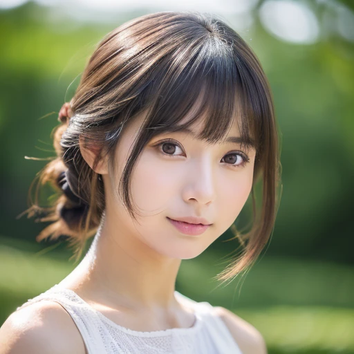 ((cute little日本の女の子、Beautiful japanese girl、1 girl in、age19、Highly detailed facial and skin texture、hyperdetailed face、ultradetailed eyes、teak、teakを塗ったピンクの頬、close-up of woman、bustup、frontage、cute little、smooth white skin、Transparent skin texture、))、(dark brown hair、bangss)、Looking at the camera、Beautiful Women in Perfect Style:1.4、Japan models、Young gravure idols、若いcute littleグラビアアイドル、Realistic Young Gravure Idol、sophisticated gravure idol、((top-quality、in 8K、masterpiece:1.3))、(4K、RAW Photography、top-quality)、(reallistic、フォトreallistic:1.37)、Place a person across the screen、natural soft light、poneyTail、upper body and head、refinement