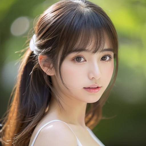 ((cute little日本の女の子、Beautiful japanese girl、1 girl in、age19、Highly detailed facial and skin texture、hyperdetailed face、ultradetailed eyes、teak、teakを塗ったピンクの頬、close-up of woman、bustup、frontage、cute little、smooth white skin、Transparent skin texture、))、(dark brown  hair、bangss)、Looking at the camera、Beautiful Women in Perfect Style：1.4、Japan models、Young gravure idols、若いcute littleグラビアアイドル、Realistic Young Gravure Idol、sophisticated gravure idol、((top-quality、in 8K、​masterpiece:1.3))、(4K、RAW Photography、top-quality)、(reallistic、フォトreallistic:1.37)、Place a person across the screen、natural soft light、poneyTail、upper body and head、refinement