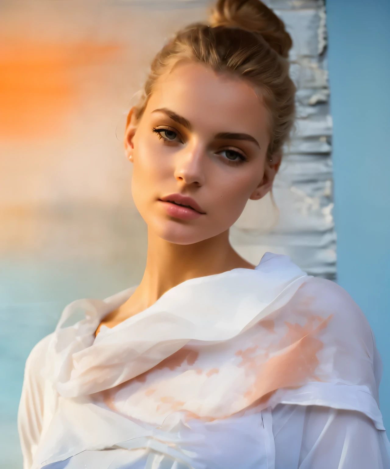 femme blonde avec une chemise blanche et un foulard orange posant pour une photo, Editorial portrait, Portrait en couleur, portrait doux 8 k, inspired by Vincent Lefevre, portrait de mode, portrait d'A beautiful model, par Anna Haifisch, par Micha Klein, mannequin portrait, Editorial model, Fashion editorial photography, portrait de mannequin, Editorial Fashion Photography, portrait de photographie de mode