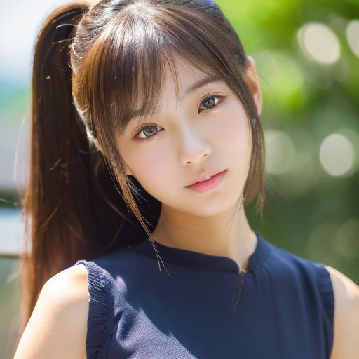 ((cute little日本の女の子、Beautiful japanese girl、1 girl in、age19、Highly detailed facial and skin texture、hyperdetailed face、ultradetailed eyes、teak、teakを塗ったピンクの頬、close-up of woman、bustup、frontage、cute little、smooth white skin、Transparent skin texture、))、(dark brown hair、bangss)、Looking at the camera、Beautiful Women in Perfect Style:1.4、Japan models、Young gravure idols、若いcute littleグラビアアイドル、Realistic Young Gravure Idol、sophisticated gravure idol、((top-quality、in 8K、masterpiece:1.3))、(4K、RAW Photography、top-quality)、(reallistic、フォトreallistic:1.37)、Place a person across the screen、natural soft light、poneyTail、full body and head、refinement