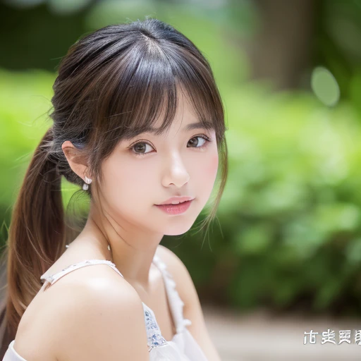 ((cute little日本の女の子、Beautiful japanese girl、1 girl in、age19、Highly detailed facial and skin texture、hyperdetailed face、ultradetailed eyes、teak、teakを塗ったピンクの頬、close-up of woman、bustup、frontage、cute little、smooth white skin、Transparent skin texture、))、(dark brown hair、bangss)、Looking at the camera、Beautiful Women in Perfect Style:1.4、Japan models、Young gravure idols、若いcute littleグラビアアイドル、Realistic Young Gravure Idol、sophisticated gravure idol、((top-quality、in 8K、masterpiece:1.3))、(4K、RAW Photography、top-quality)、(reallistic、フォトreallistic:1.37)、Place a person across the screen、natural soft light、poneyTail、full body and head、refinement