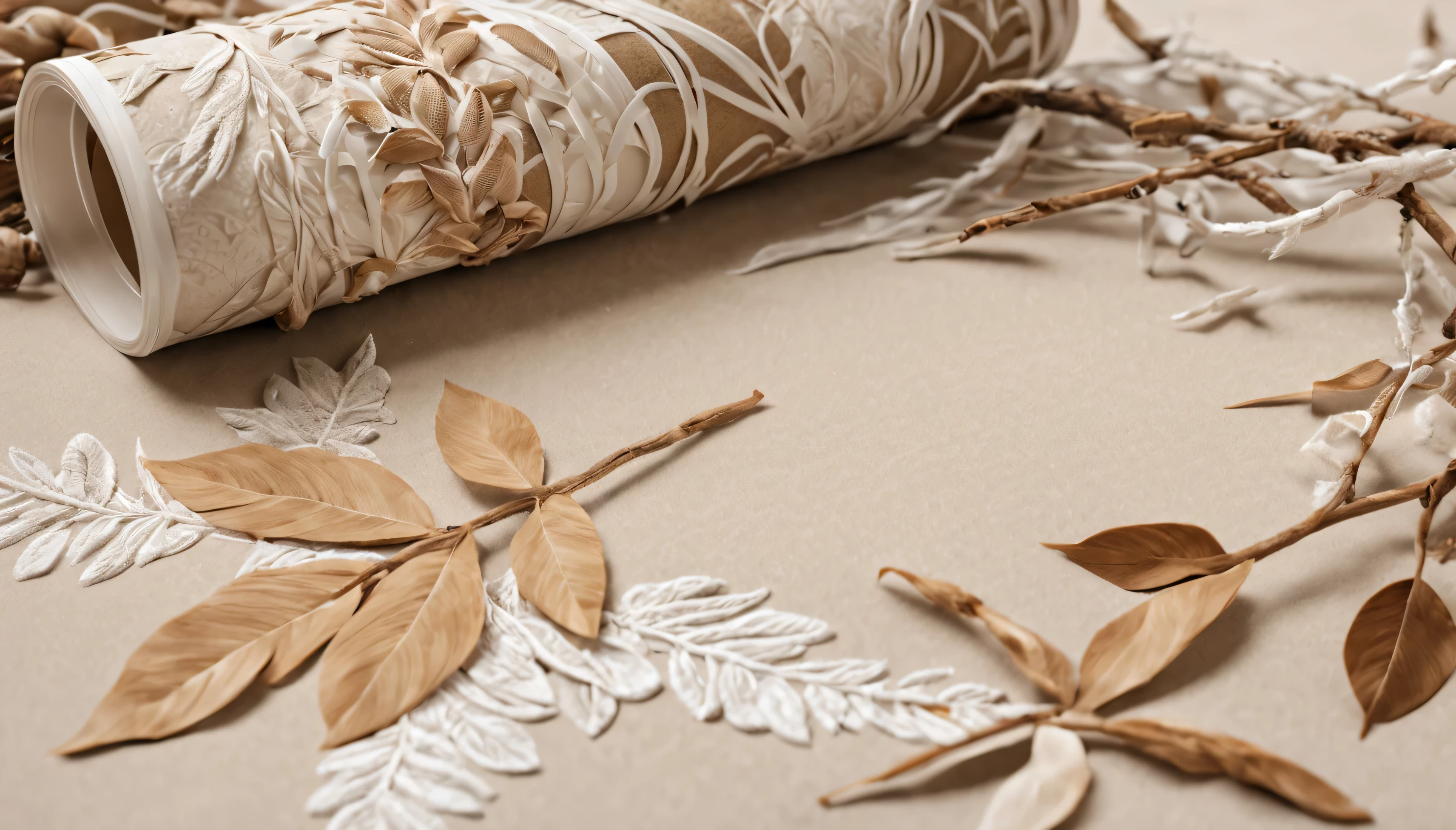 Design a wallpaper in a boho style with shades of beige, brown, and white. Focus on a sandy beach color palette with subtle natural elements like leaves, branches, and delicate macramé patterns. Limit additional details to maintain subtlety and cohesiveness., wildlife photography, 3d render, photo