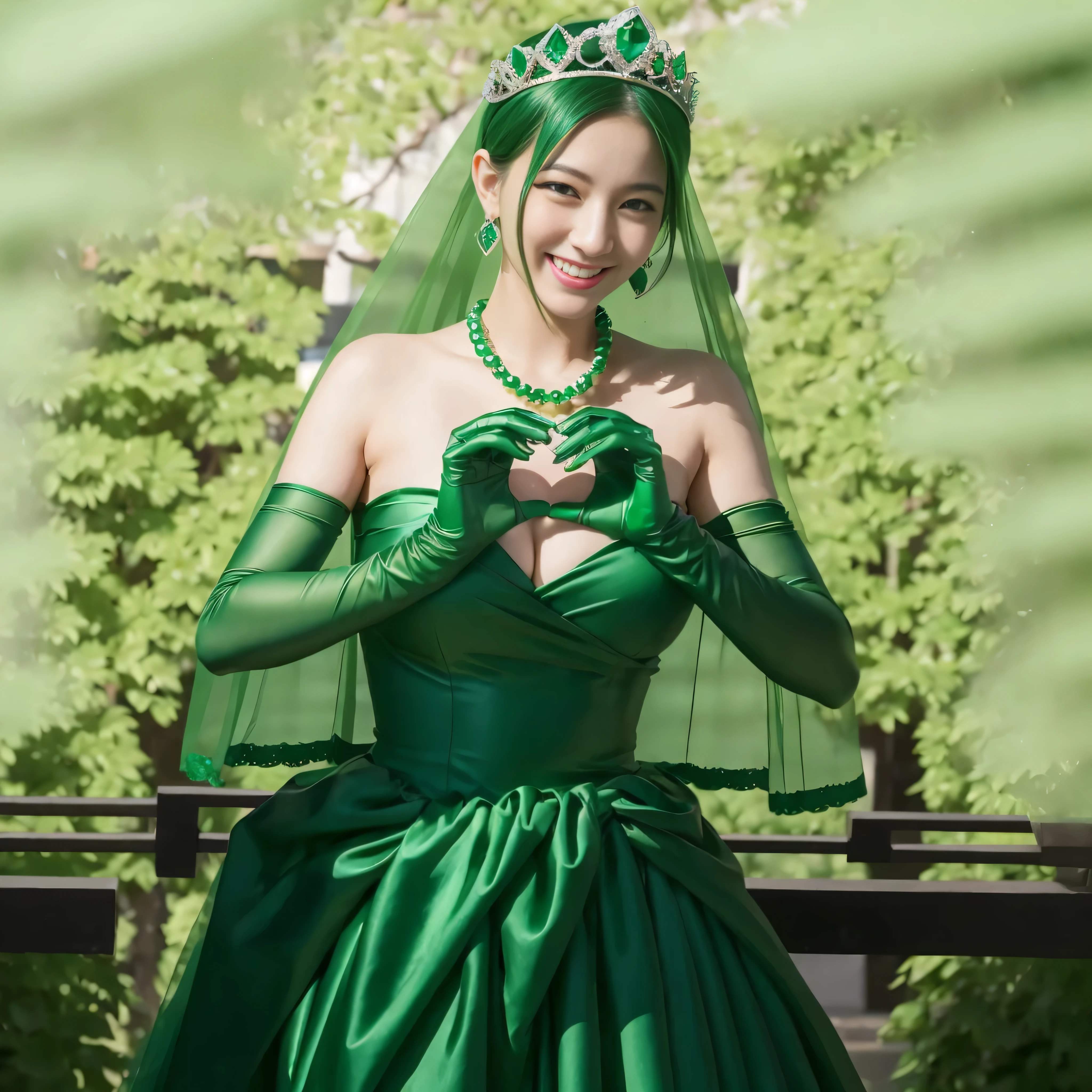emerald tiara, green pearl necklace, ボーイッシュな非常に短いgreen hair, lipstick, smiling woman, very short hair, Beauty with , green eyes, Long Green Satin Gloves, green eyes, emerald earrings, green veil, heart with both hands, green hair, Beautiful woman in her 30s, heart shaped hand:1.3
