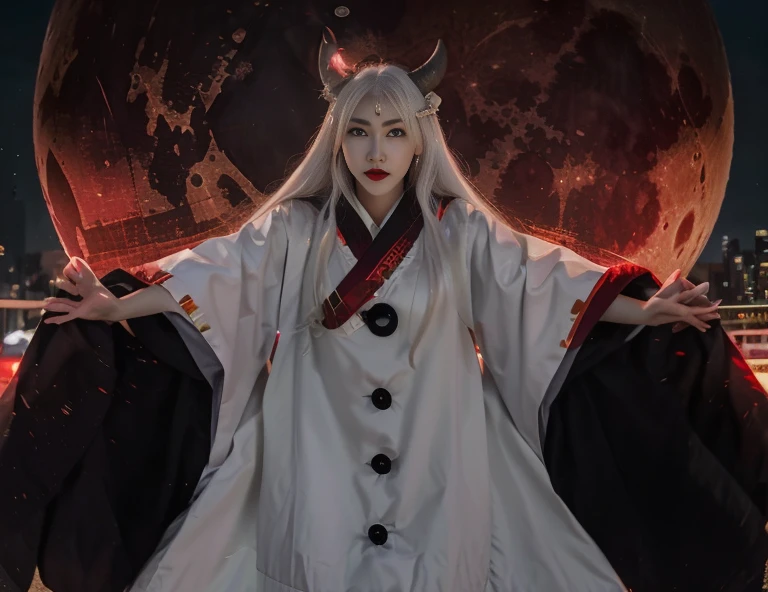 1girl, long_hair, horns, solo, red_moon, wide_sleeves, japanese_clothes, large_breasts, white_hair, moon, red_lips, yin_yang, white_eyes, very_long_hair, outstretched_arms, looking_at_viewer, glowing, grey_eyes, full_moon, long_sleeves, kimono, orb, pale_skin, makeup, third_eye, night, Ephemeral expression No laughter Watching the viewer Highest image quality、White hair color