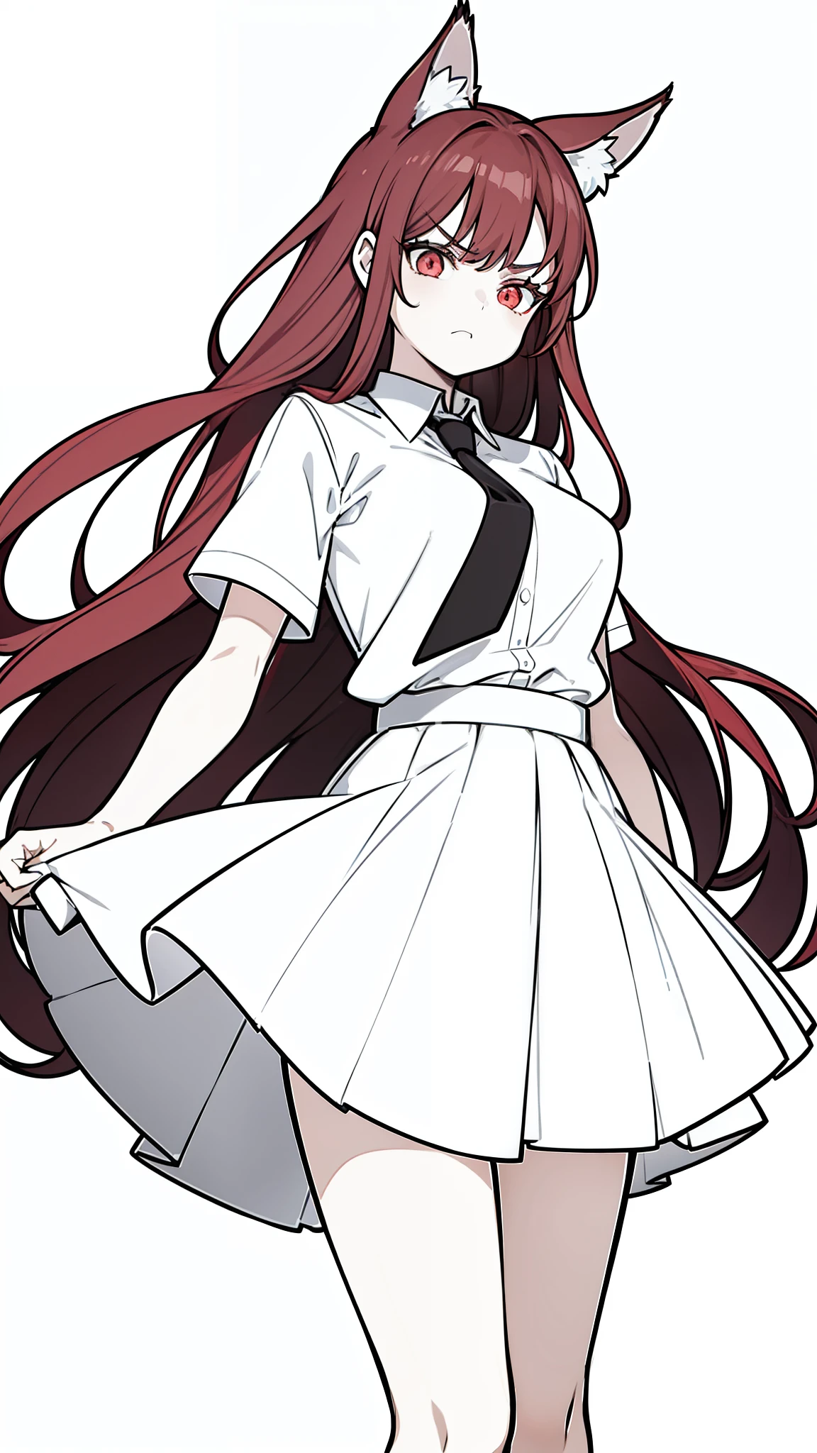 1girl ,20s,angry face,white shirt,short sleeves,(black standard tie),white school skirt,(red hair),long hair,fox ears,cowboy shot,(white background, line drawing)