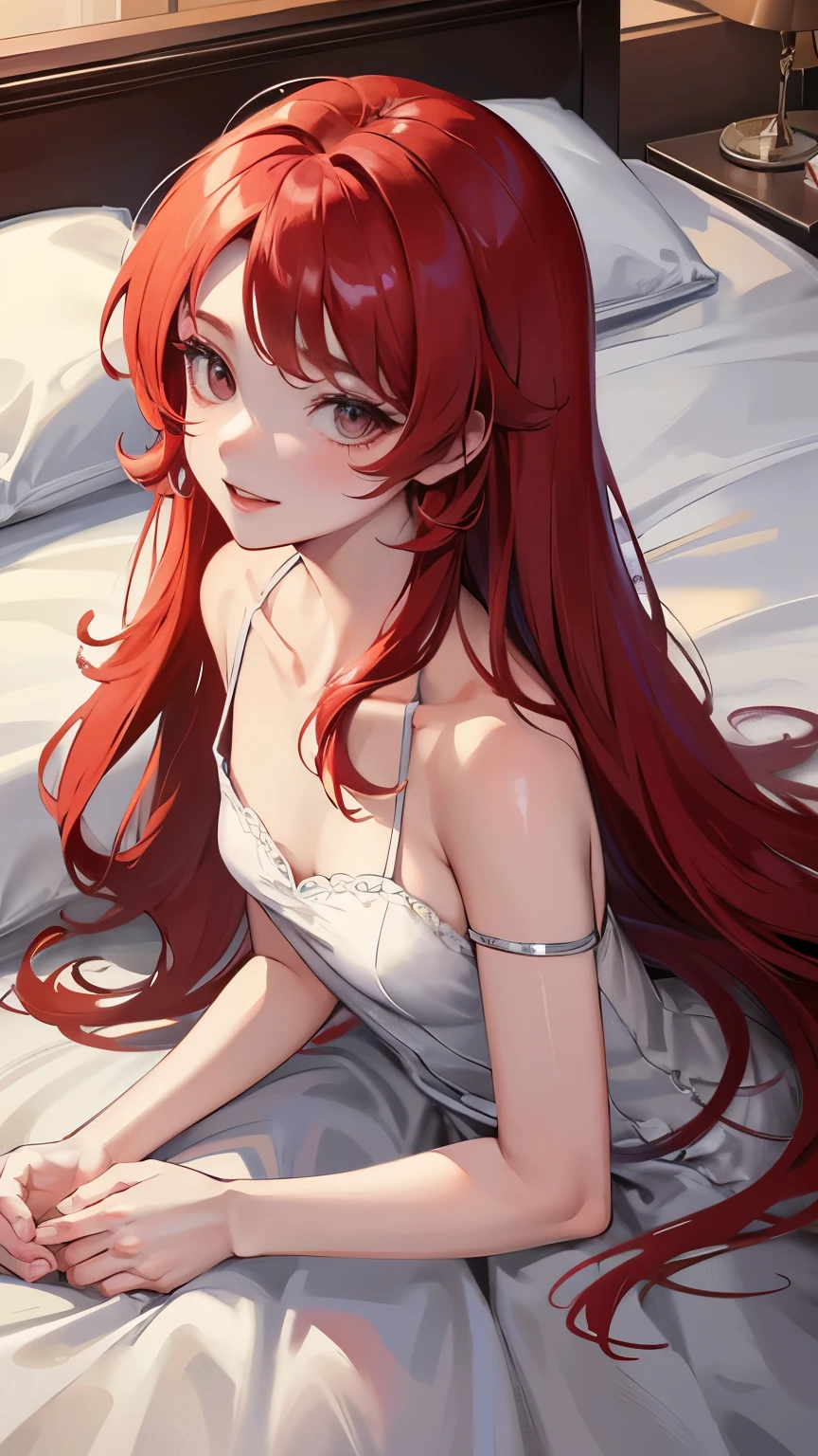 Red long hair, sunshine, masterpiece work, best quality, high resolution;,detail enhancement，best quality，perfect image quality，Beautiful and sexy, One-person viewpoint, small spots under the eyes , pretty, 큰 chest, 8K, ,chest 크게, pure white skin, chest, a lovely smile, Beloved, excitement, beautiful, gray eyes, My heart is pounding, Girlfriend, red hair, from the front, glamour, tempting, shy, innocent, lying in bed, rose petals, white blanket, fancy