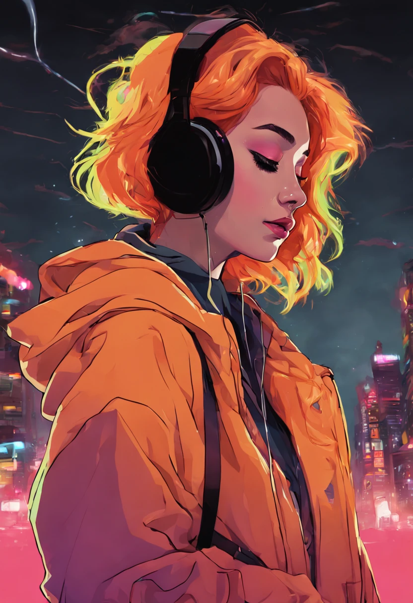 A female wearing headphones, bob hair, eyes closed, slight smile, hands on ear, neon colored hair, hoodie on, night, neon themed, flying particles, fog, windy, neon city background, surreal, best quality digital painting, style of Adam Hughes