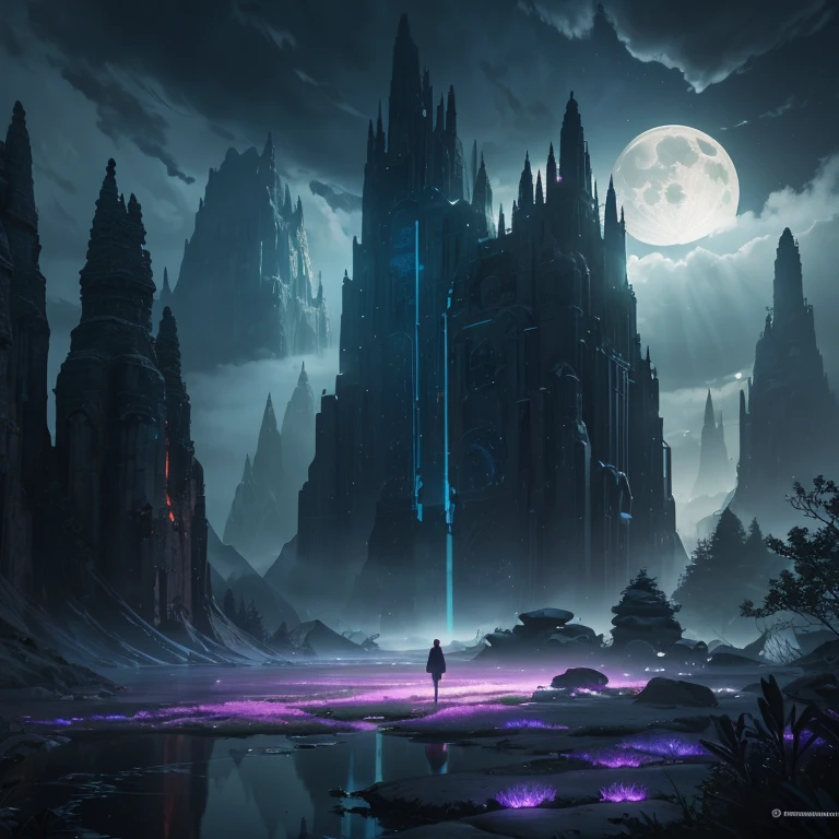 Craft an award-winning image by infusing subtle details: enhance the moon's radiance to cast a gentle glow on the landscape below, creating a captivating interplay of shadows. Add a touch of ethereal mist around the edges, heightening the mystique. Optimize the composition to highlight the seamless integration of the neon lights, clouds, and water droplets, achieving a perfect balance that draws the viewer into this dreamlike realm. Ensure meticulous attention to color grading, accentuating the contrast between the vivid neon tones and the deep, rich darkness of the night. This AI-generated masterpiece captures a harmonious blend of fantasy and reality, setting a new standard in visual storytelling."