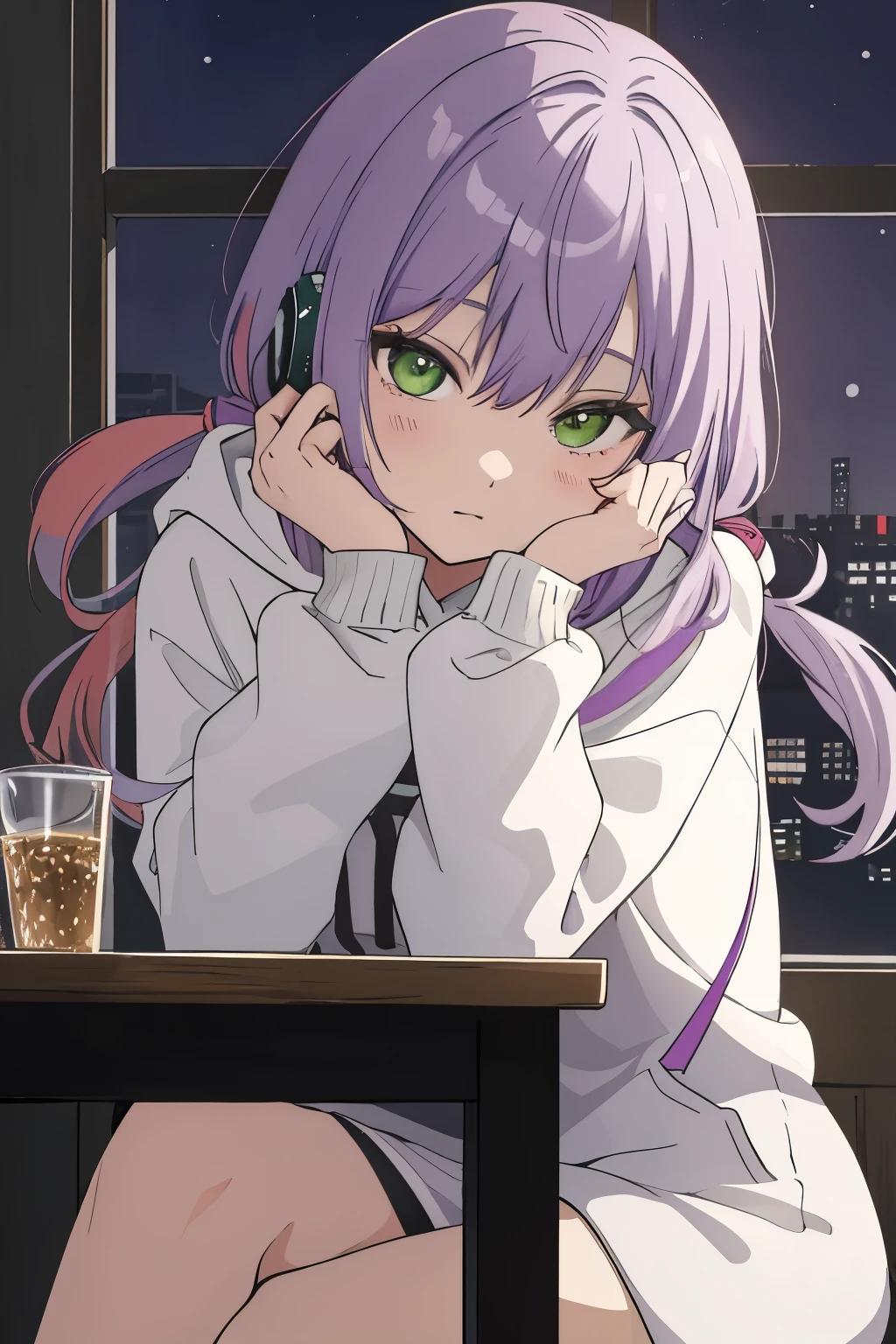 Scene View,null,anime style,night,headrest, intense angle, Curtsey,(Light purple hair)、medium hair、large round green eyes、winter scenery,highest quality、Multicolored hair、((indoor))、headphone、white hoodie,low twintails