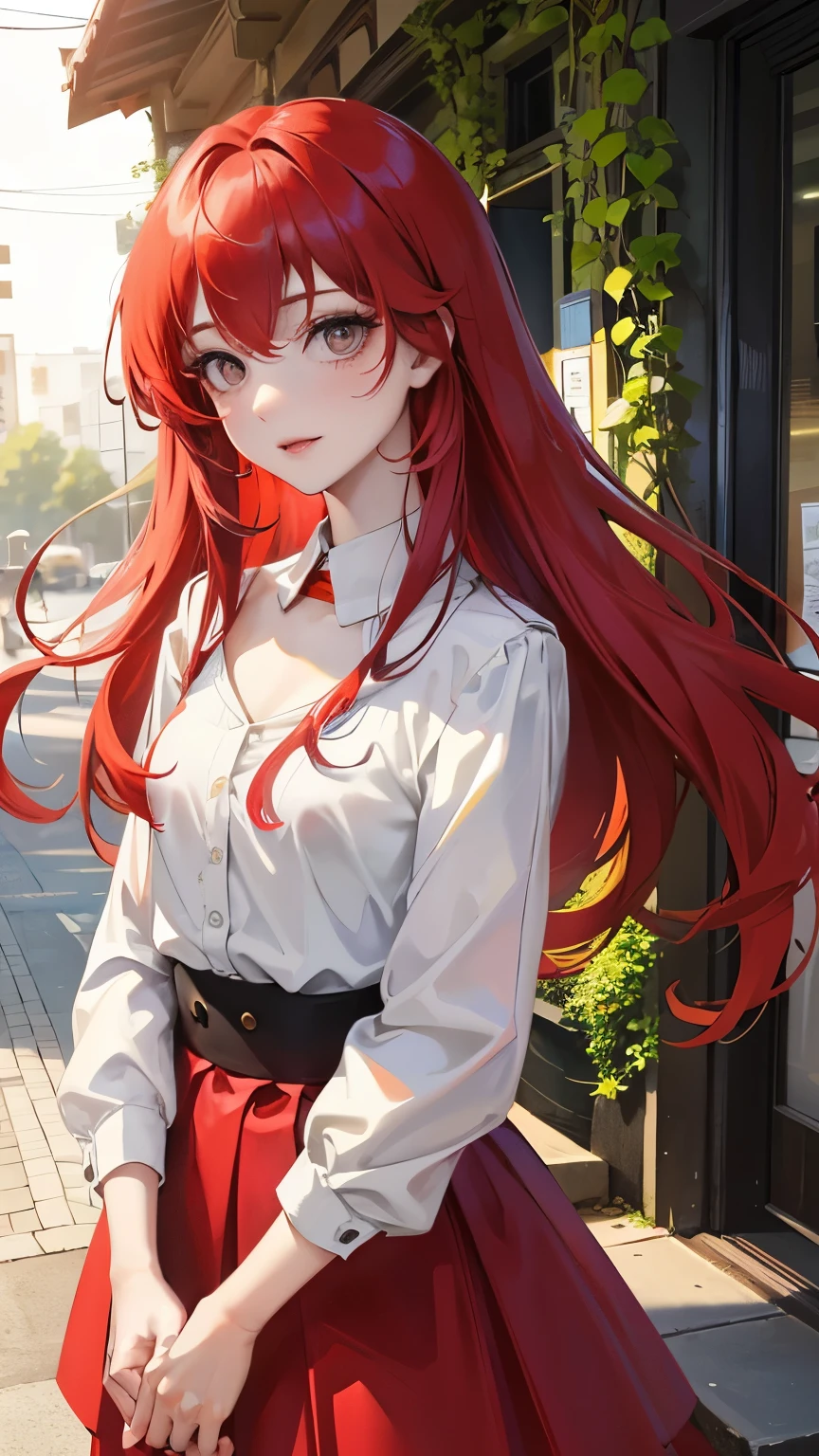 Red long hair, sunshine, masterpiece work, best quality, high resolution;,detail enhancement，best quality，perfect image quality，Beautiful and sexy, One-person viewpoint, small spots under the eyes , pretty, 큰 chest, 8K, ,chest 크게, pure white skin, chest, a lovely smile, Beloved, excitement, beautiful, gray eyes, My heart is pounding, Girlfriend, red hair, from the front, glamour, tempting, shy, innocent, at the park, blouse, skirt