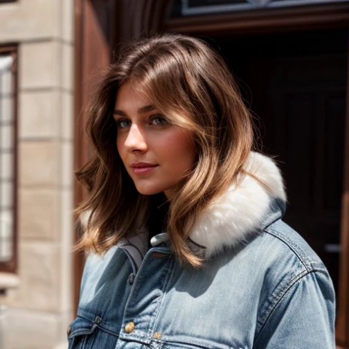 brown-haired girl, long hair very beautiful, wearing a blue jacket with a hood.