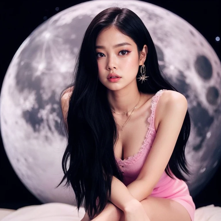 un primer plano de una mujer sentada en una cama con una luna al fondo, jennie rosa negro, jossi de blackpink, portrait of jossi de blackpink, Jinyoung Shin, ☁🌪🌙👩🏾, parque roseanne de blackpink, Sentado en una luna, Jisoo de Blackpink, jisoo de blackpink, retrato de jisoo rosa negro, jaeyeon nam, ulzzang, luna rosa