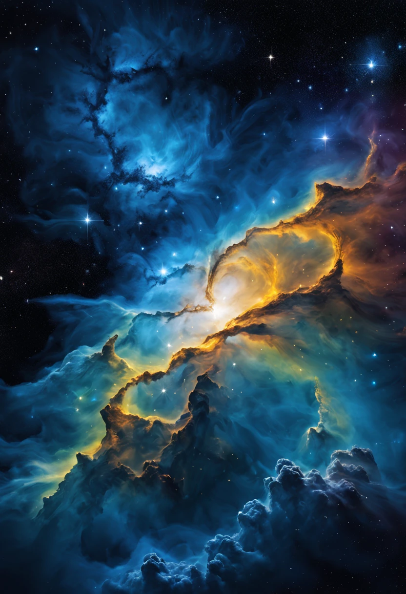 A beautiful nebula floating in outer space composed of blue, white, and yellow.,landscape,lightのカーテン,colorful,rich colors,dream-like,wonderful,dark background,masterpiece,be familiar with,magic effect,light, breathtaking renderings, 