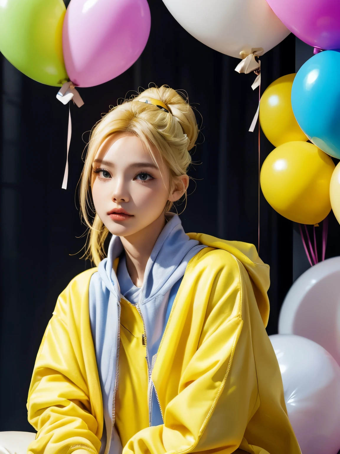  1 girl, beautiful and stunning, yellow jacket, white sweatshirt, lots of colorful balloons, blonde and blue two-color hair, ponytail braided hair, perfect detail eyes, delicate face, perfect CG, HD picture quality, colorful balloons, sky,