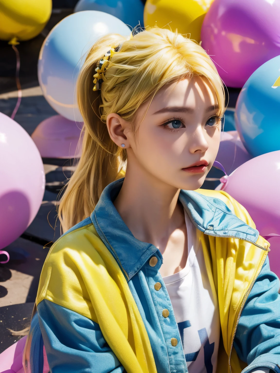 1 girl, beautiful and stunning, yellow jacket, white sweatshirt, lots of colorful balloons, blonde and blue two-color hair, ponytail braided hair, perfect detail eyes, delicate face, perfect CG, HD picture quality, colorful balloons, sky,
