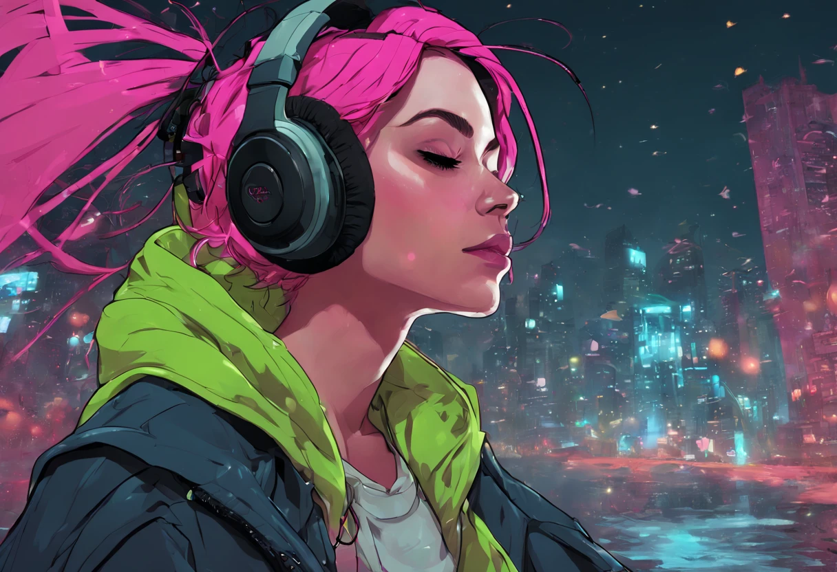 A female wearing headphones, bob hair, eyes closed, slight smile, hands on ear, neon colored hair, hoodie on, night, neon themed, flying particles, fog, windy, neon city background, surreal, best quality digital painting, style of Adam Hughes