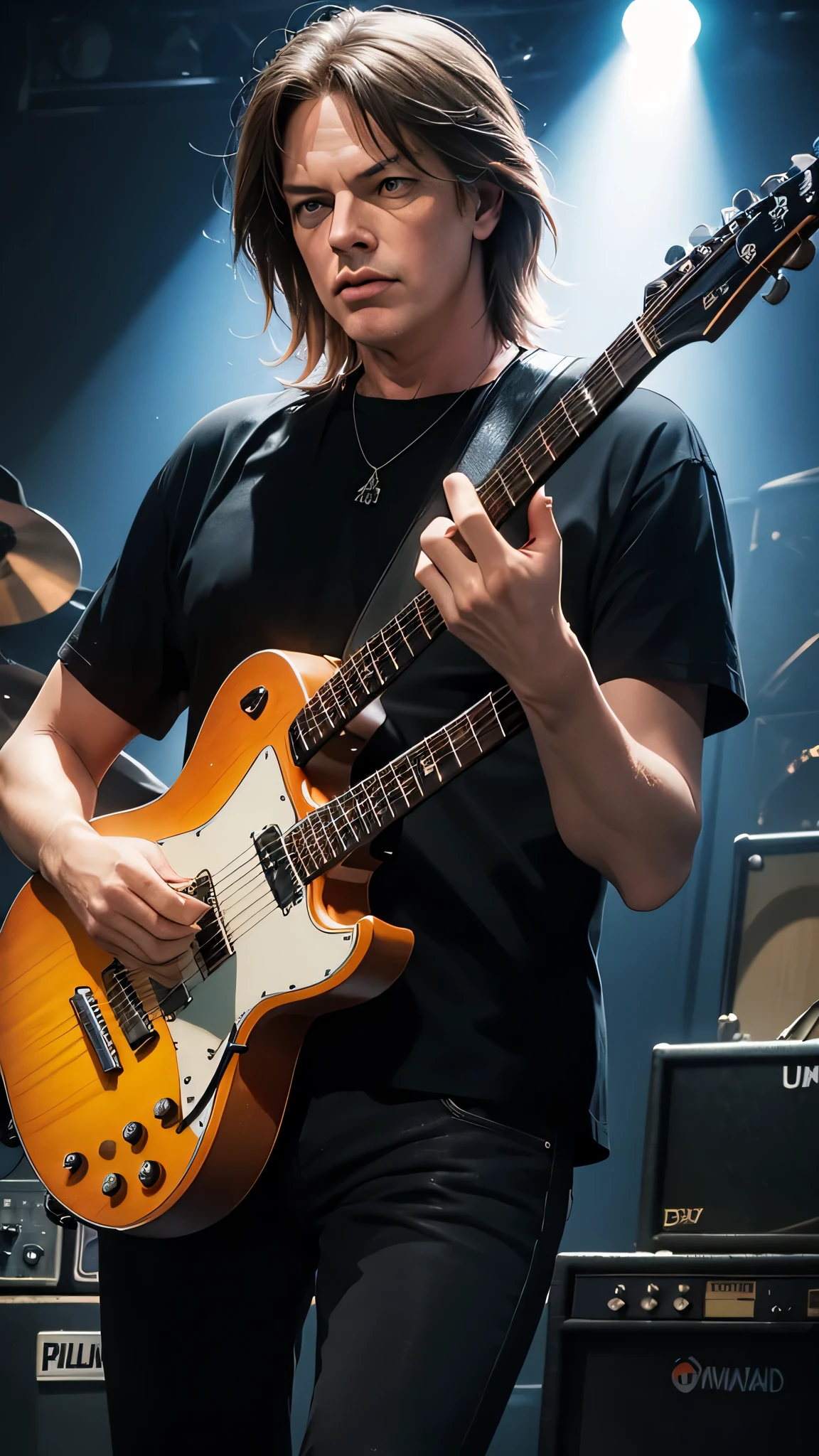 David Gilmour Pink Floyd pop star lead guitar, playng eletric guitar , 8k, udh, alta quidade de semelhanca, mais jovem, 25 anos, showing 4 left fingers playing guitar with moviment