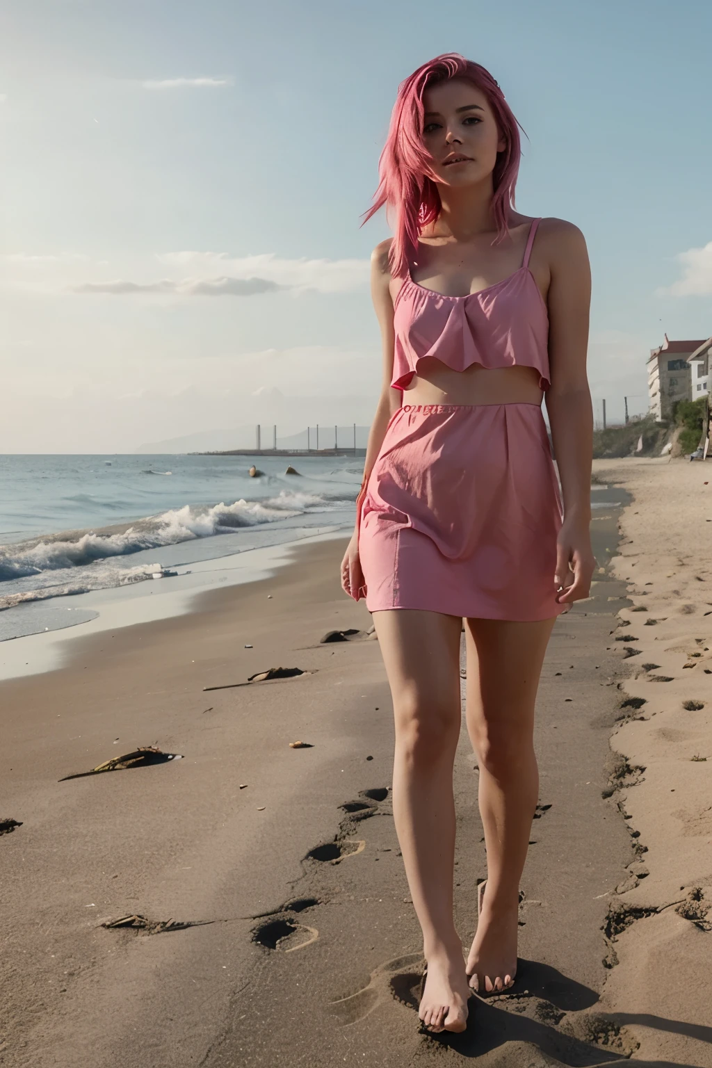 generate a image of women who is 23 year old in pink hair full body in red dress at sea beach