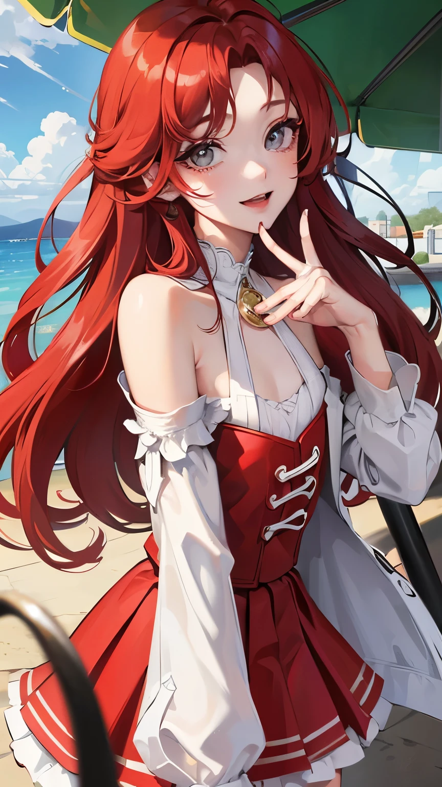Red long hair, sunshine, masterpiece work, best quality, high resolution;,detail enhancement,best quality,perfect image quality,Beautiful and sexy, One-person viewpoint, small spots under the eyes , pretty, 큰 chest, 8K, ,chest 크게, pure white skin, chest, a lovely smile, Beloved, excitement, beautiful, gray eyes, My heart is pounding, Girlfriend, red hair, from the front, glamour, tempting, shy, innocent, at the park, blouse, skirt