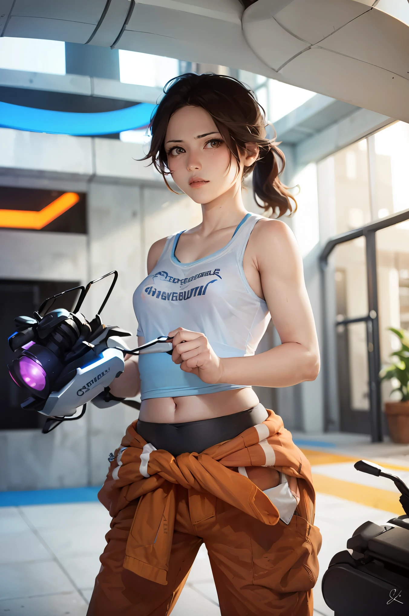 (masterpiece, best quality:1.2), cowboy shot, solo, 1girl, chell, expressionless, closed mouth, looking at viewer, ponytail, tanktop, clothes around waist