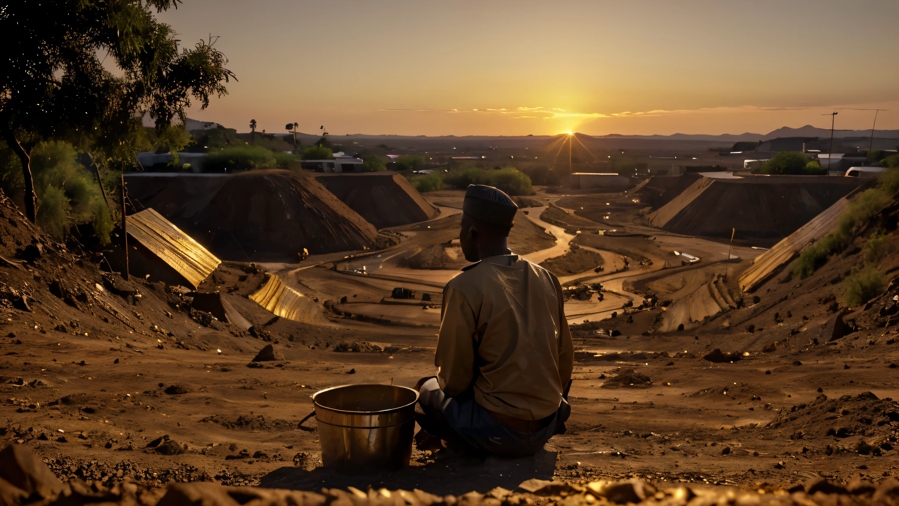 There is a Landscape of Gold Mine and people are mining gold on the foreground we see a bucket of cleaned gold, cinematic, Northern Nigeria, Africa, Gold Hour, Sunset, 4k, High res, Movie Opener, Preamble, Netflix