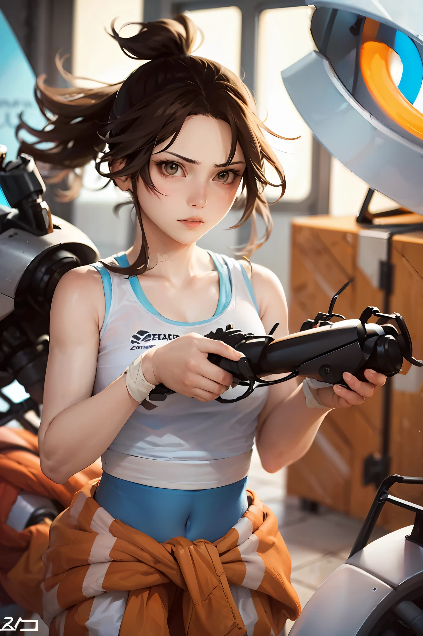 (masterpiece, best quality:1.2), cowboy shot, solo, 1girl, chell, expressionless, closed mouth, looking at viewer, ponytail, tanktop, clothes around waist